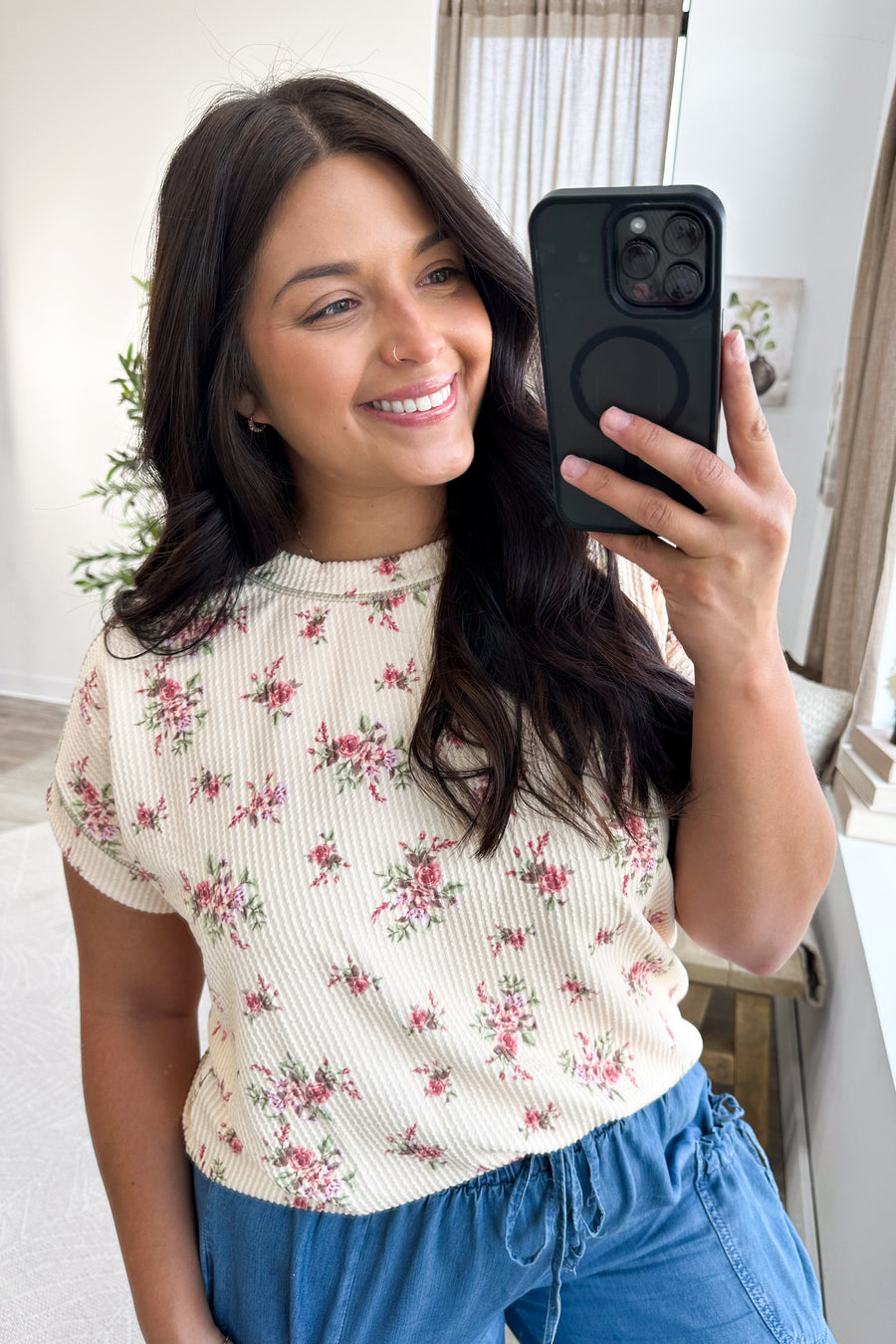 Cream With Pink Floral Rib Short Sleeve Knit Top