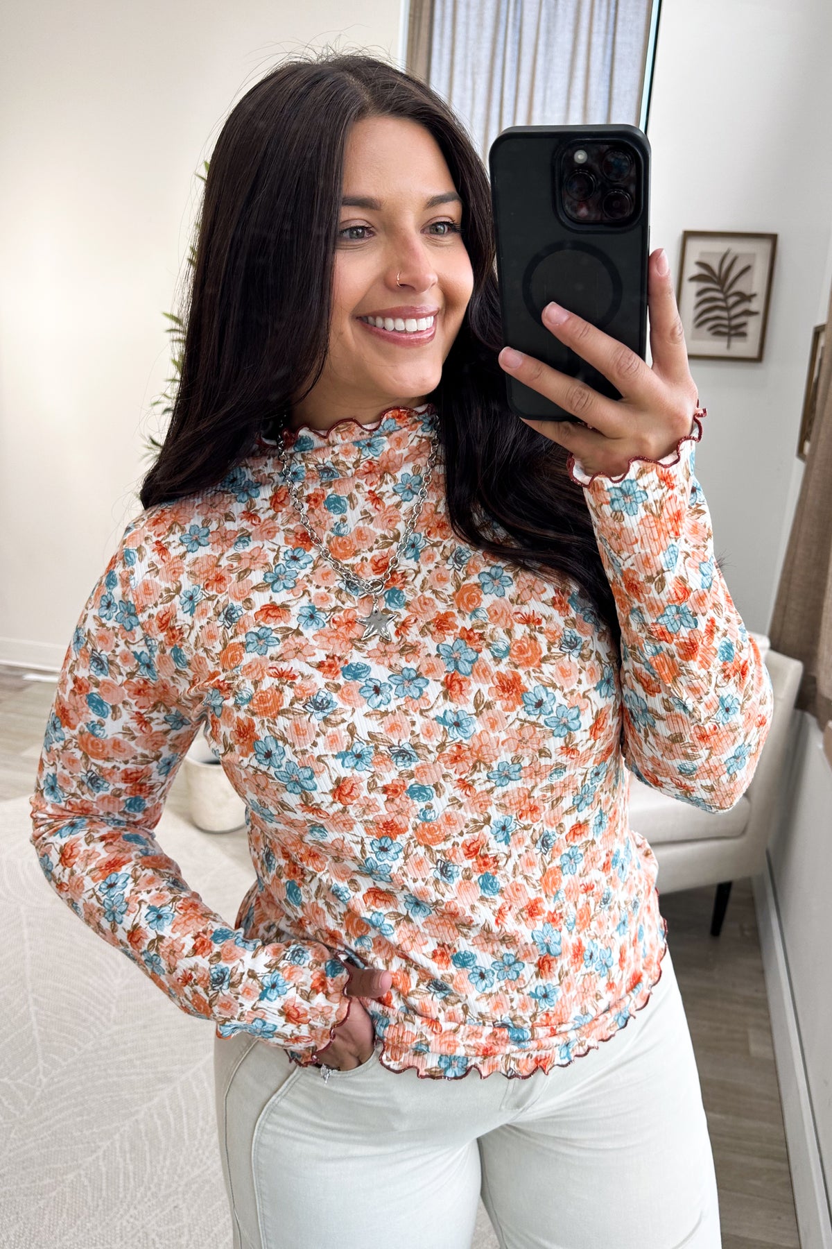 Ivory And Rust Floral Mock Neck Knit Top