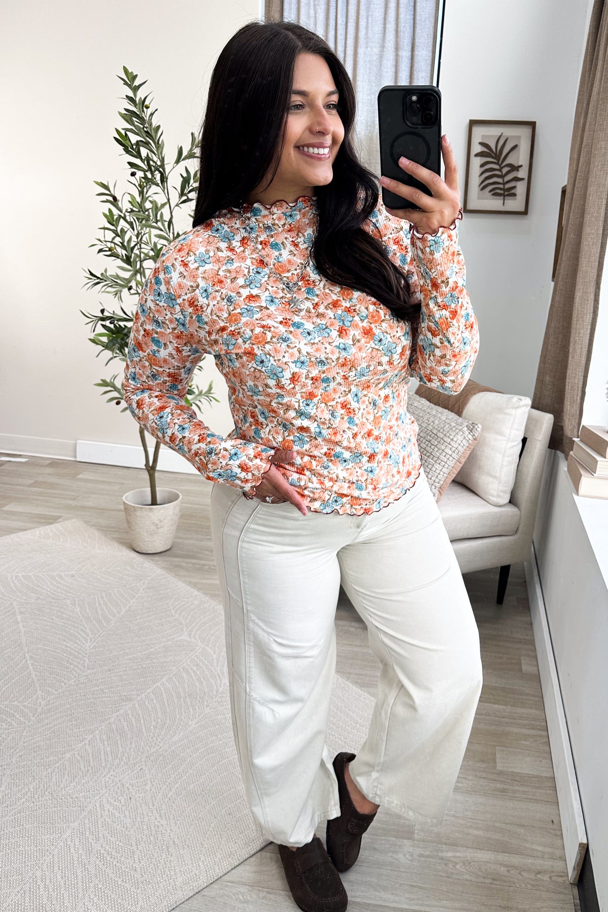 Ivory And Rust Floral Mock Neck Knit Top