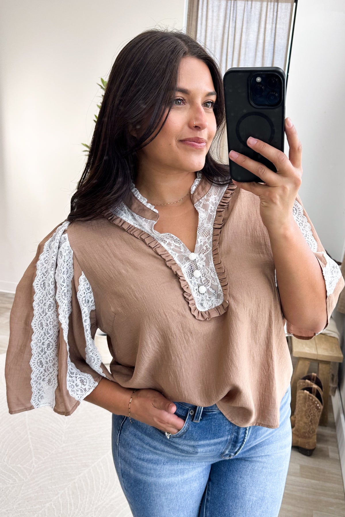 Mocha Ruffle Trim Split Neck With Lace Blouse