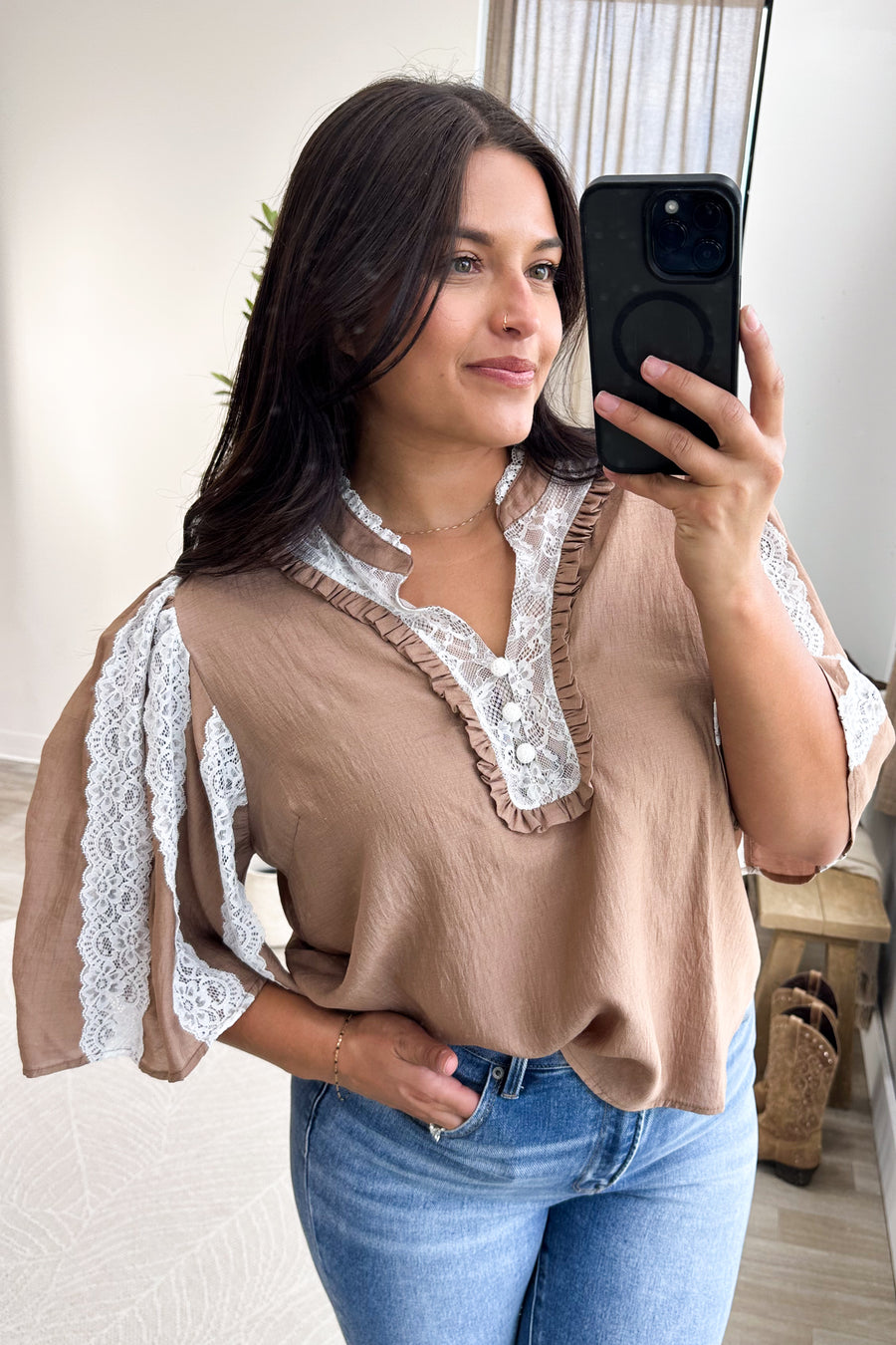 Mocha Ruffle Trim Split Neck With Lace Blouse