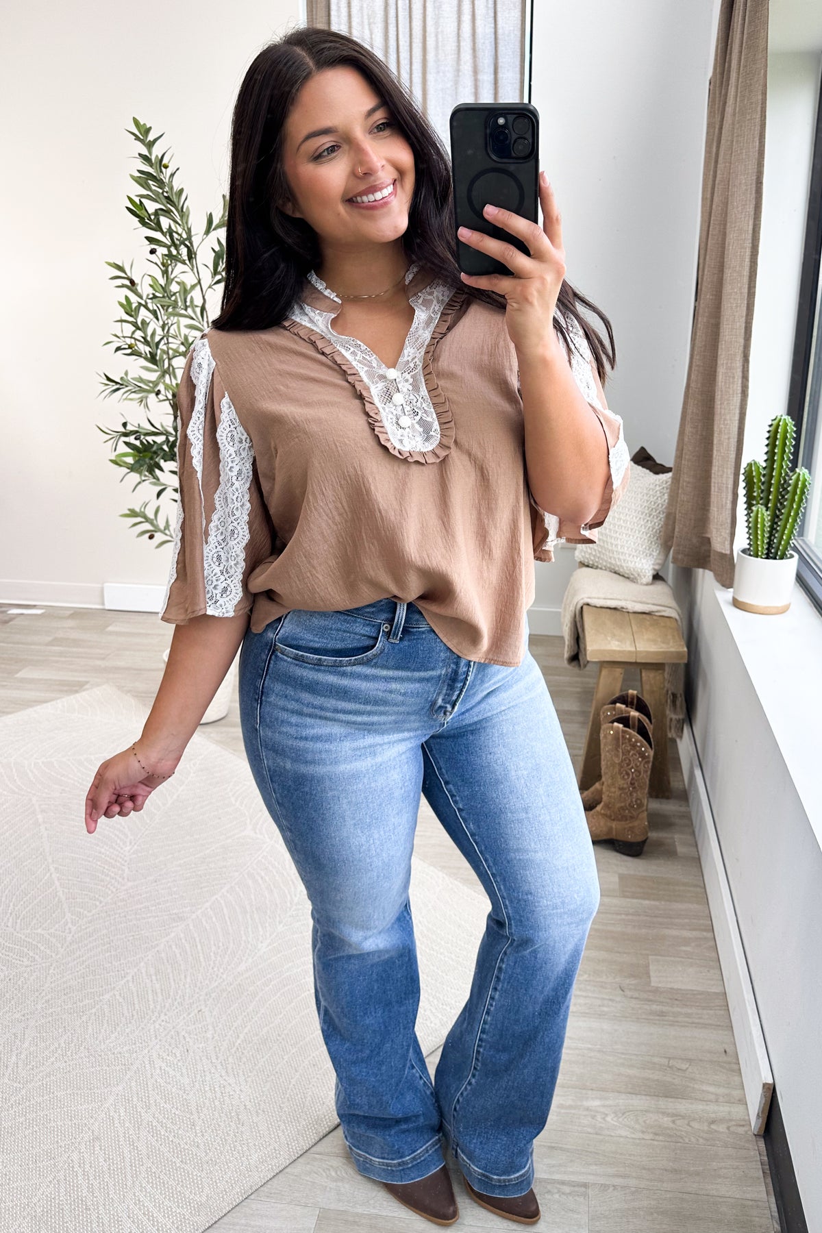 Mocha Ruffle Trim Split Neck With Lace Blouse