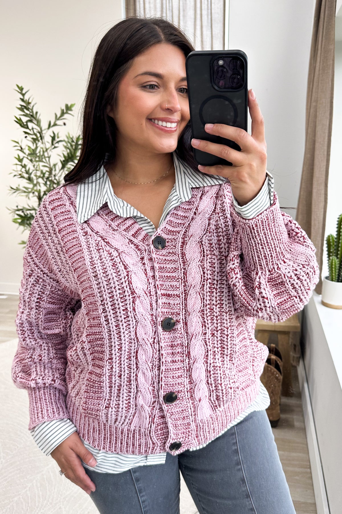 V-Neck Cable Knit Oversized Button Down Cardigan