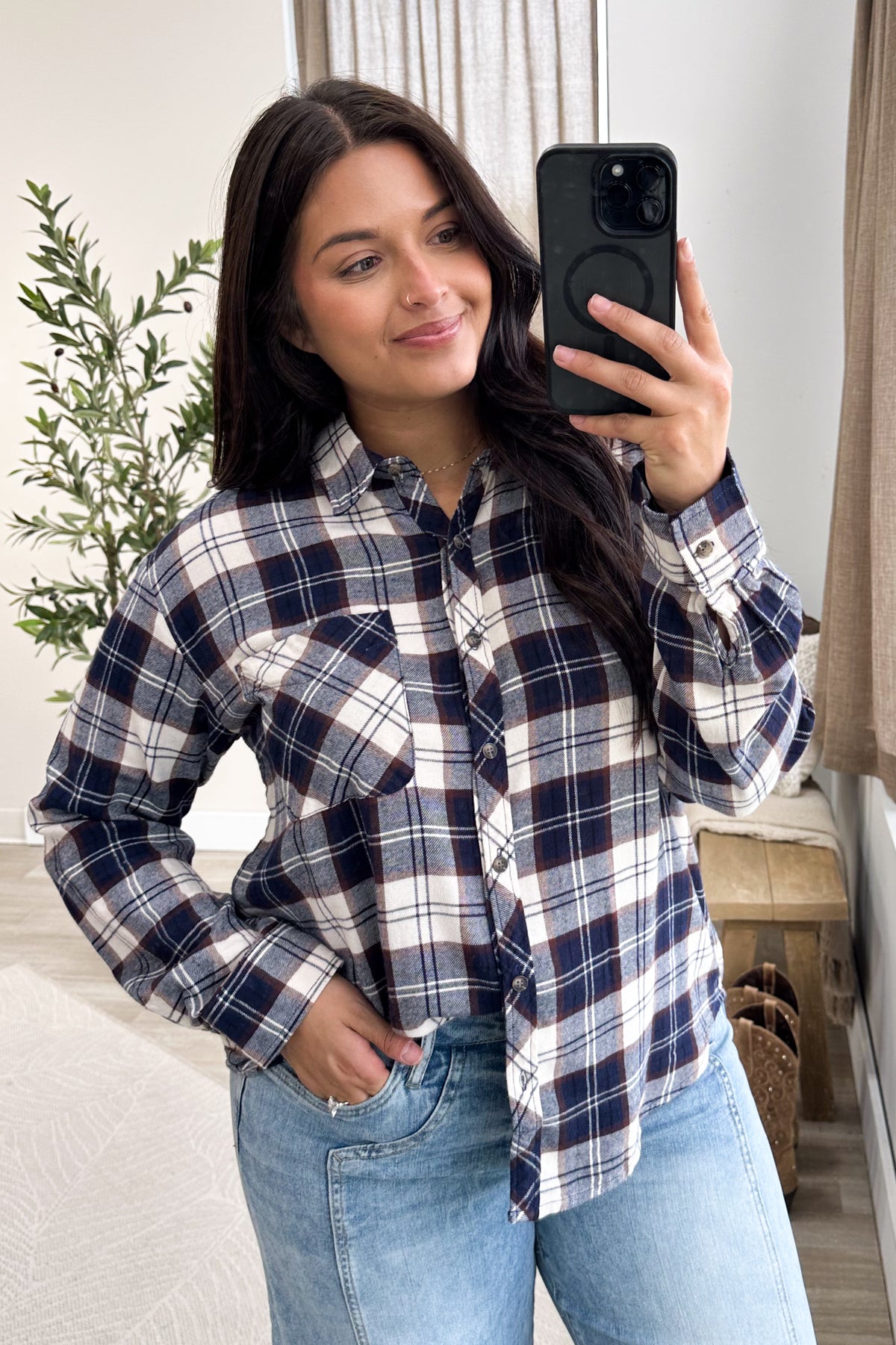 Navy And Beige Flannel Top