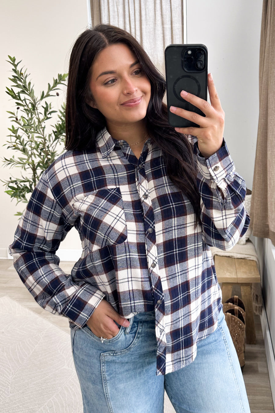 Navy And Beige Flannel Top