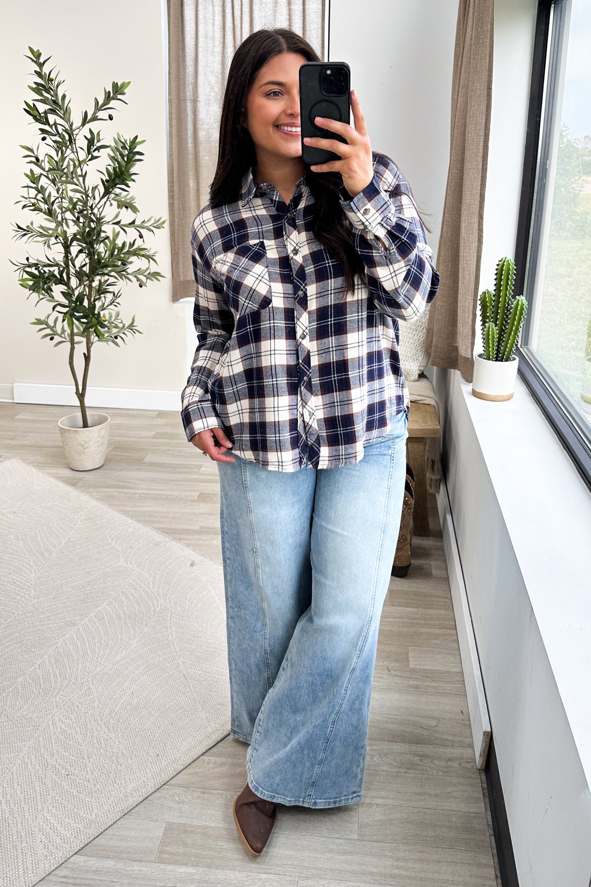 Navy And Beige Flannel Top