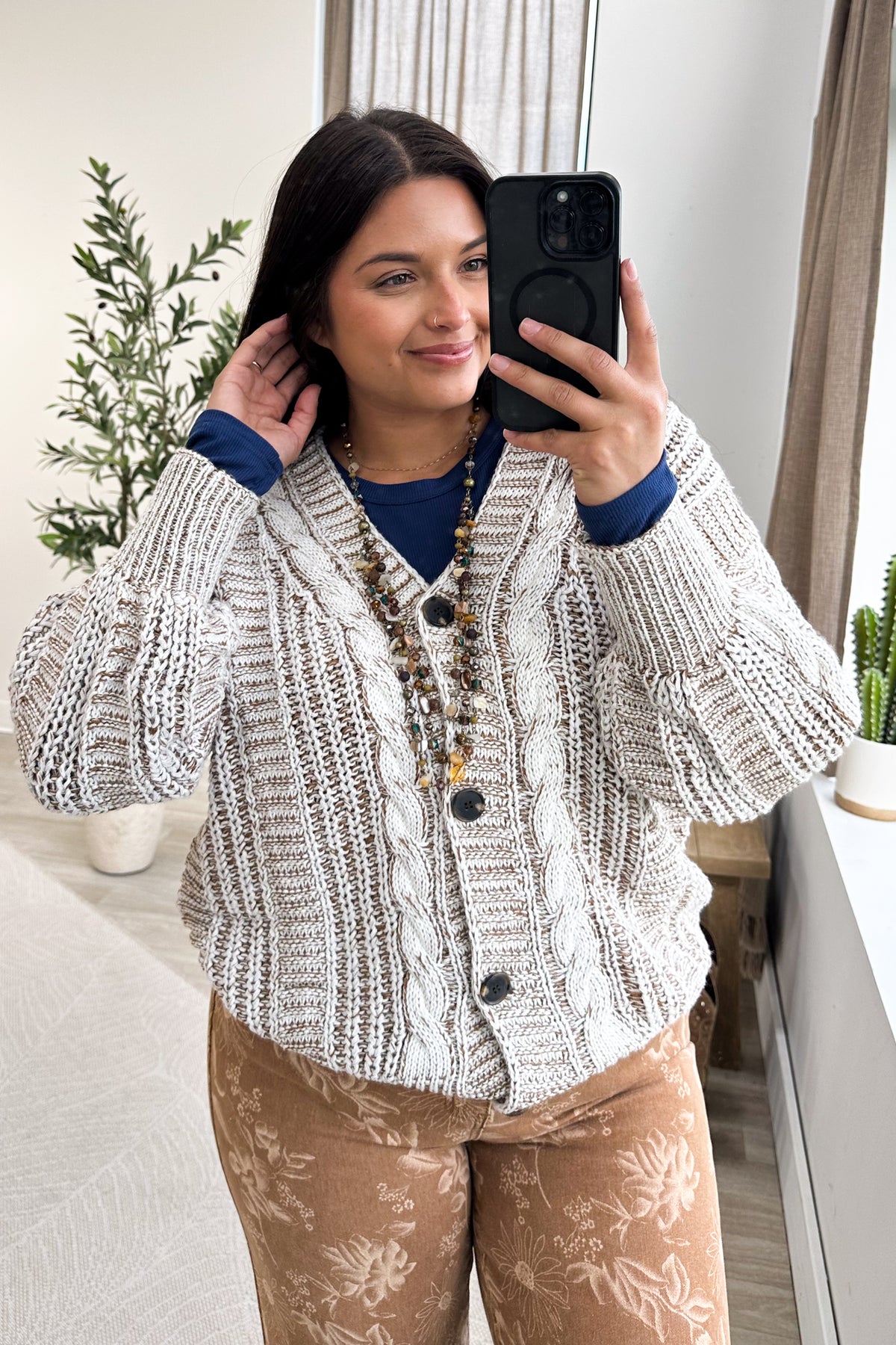 V-Neck Cable Knit Oversized Button Down Cardigan