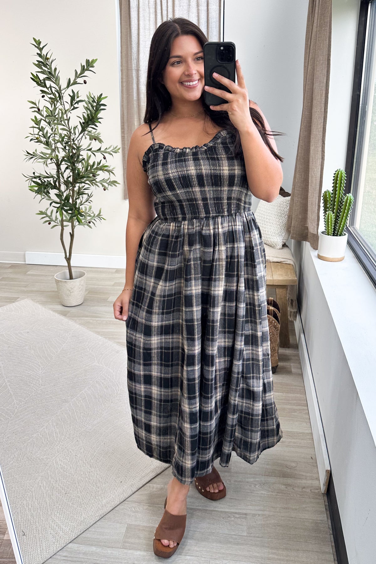 Black Plaid Smocked Bodice Maxi Dress