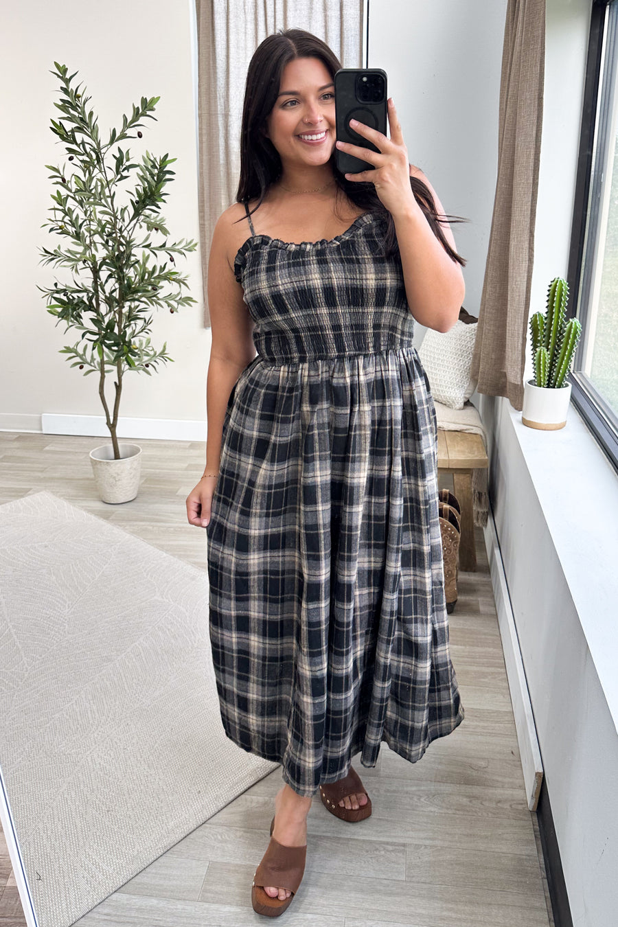 Black Plaid Smocked Bodice Maxi Dress