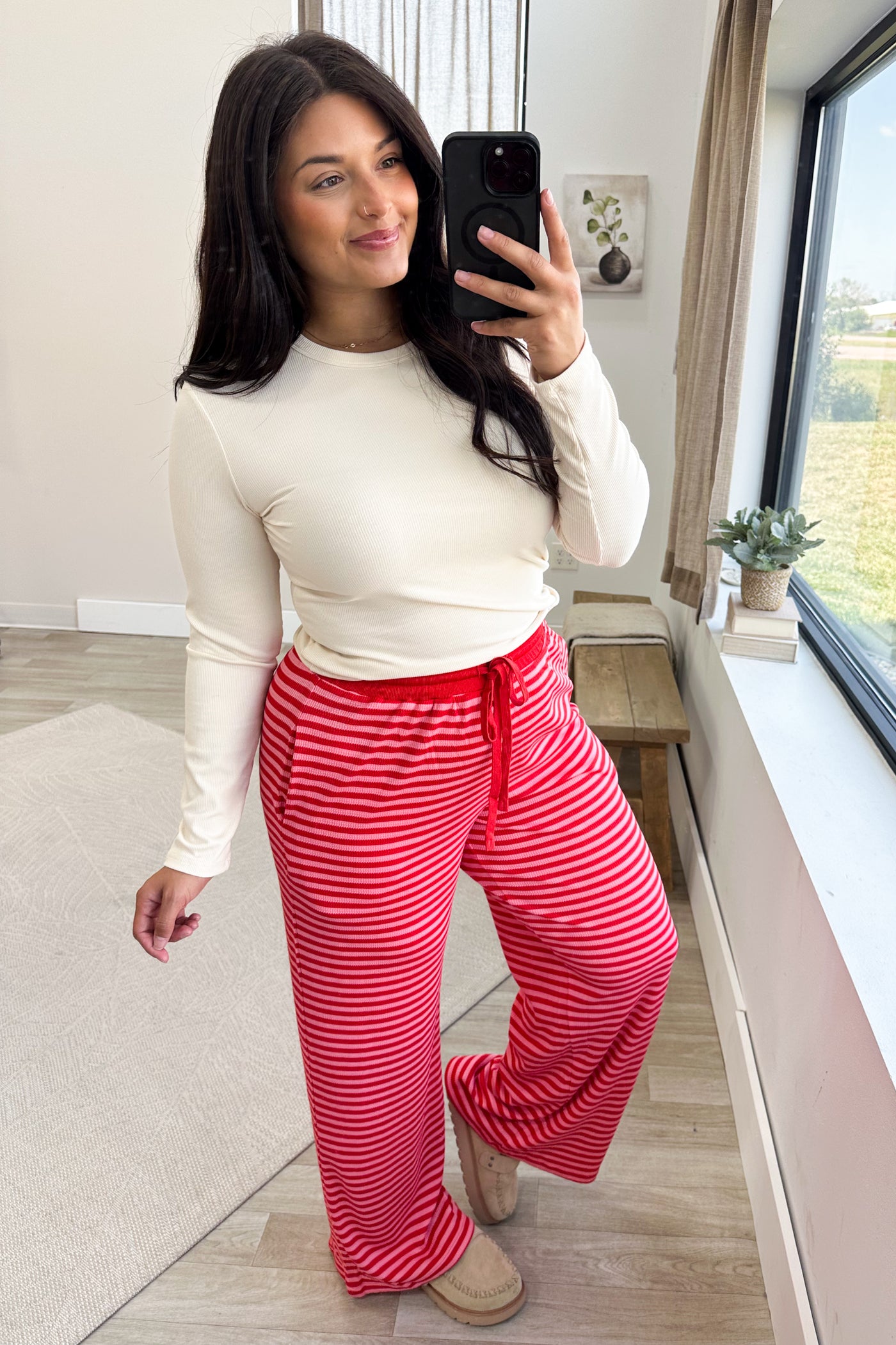 Pink And Red Striped Wide Leg Drawstring Lounge Pants