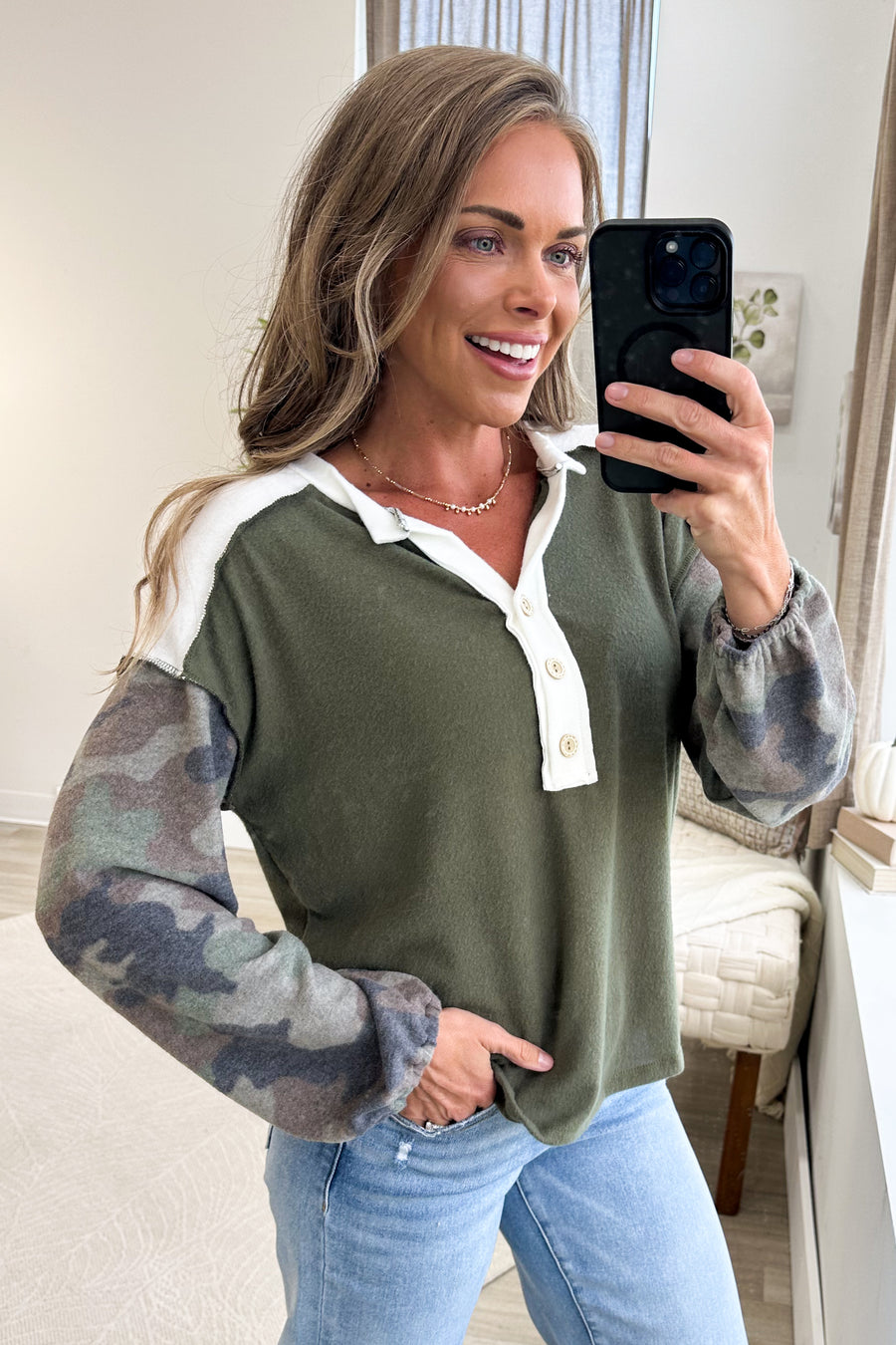 Olive Camo Long Sleeve Button Knit Top