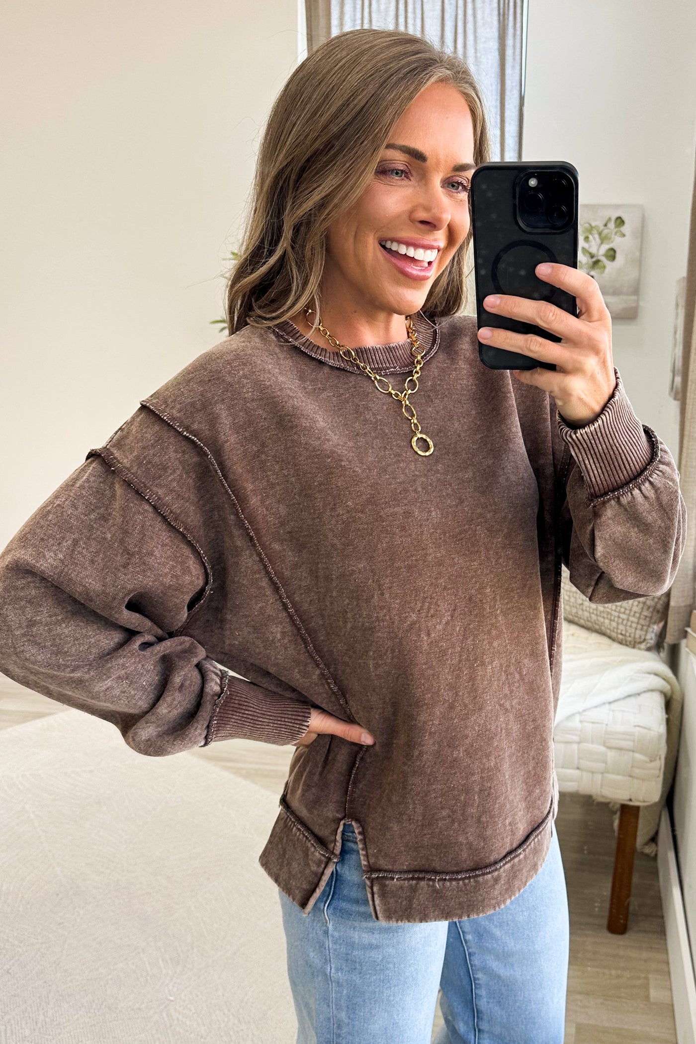 Acid Wash Exposed Seam Fleece Sweatshirt