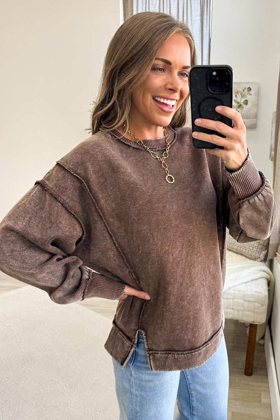 Acid Wash Exposed Seam Fleece Sweatshirt