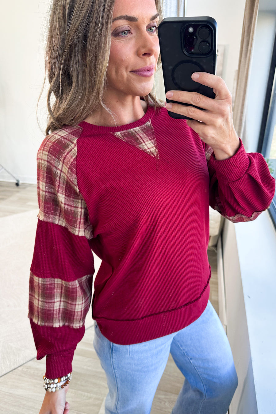 Staccato Burgundy Plaid Contrast Thermal Knit Top