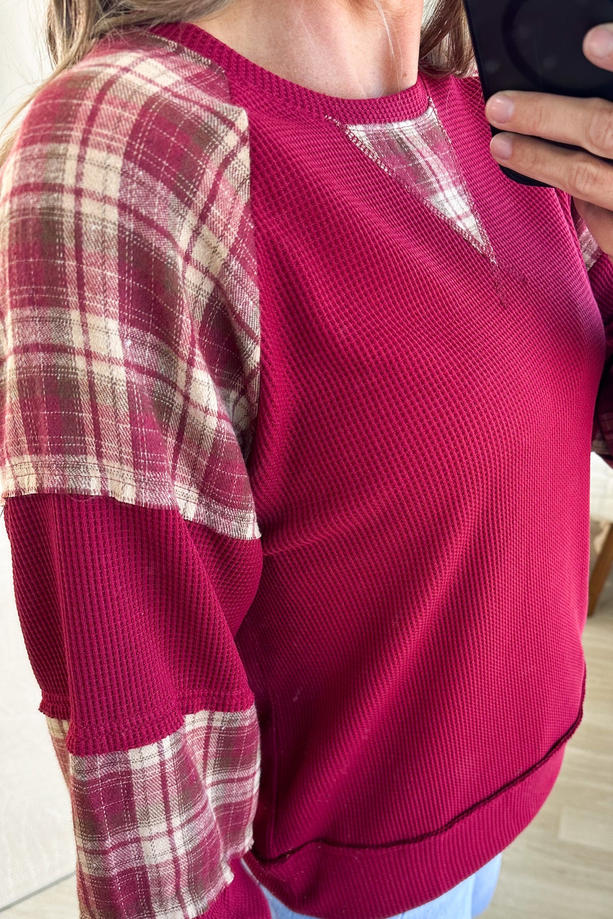 Staccato Burgundy Plaid Contrast Thermal Knit Top