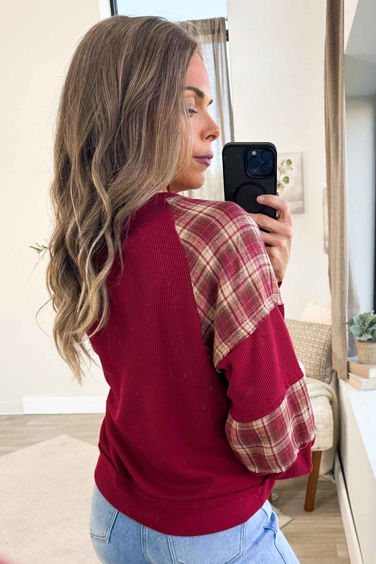 Staccato Burgundy Plaid Contrast Thermal Knit Top