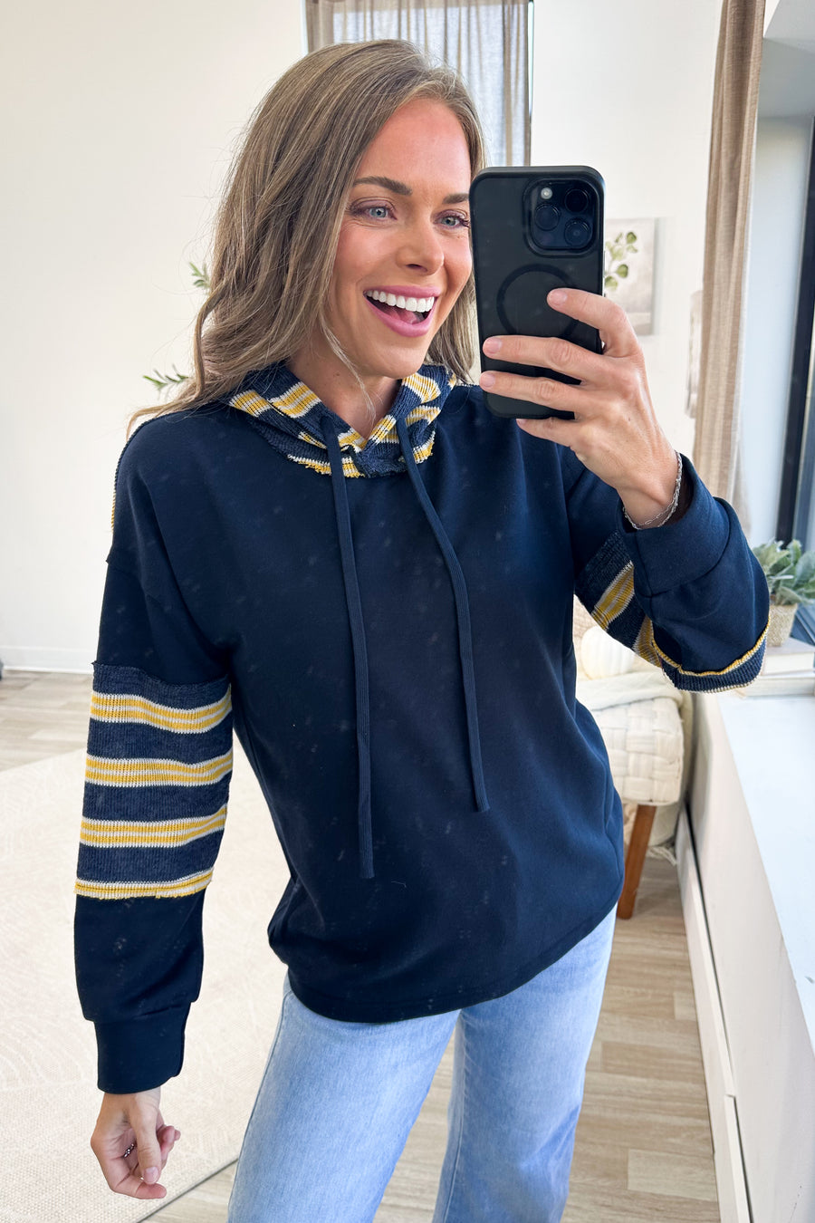 Staccato Navy Raw Edge Drawsting Hoodie
