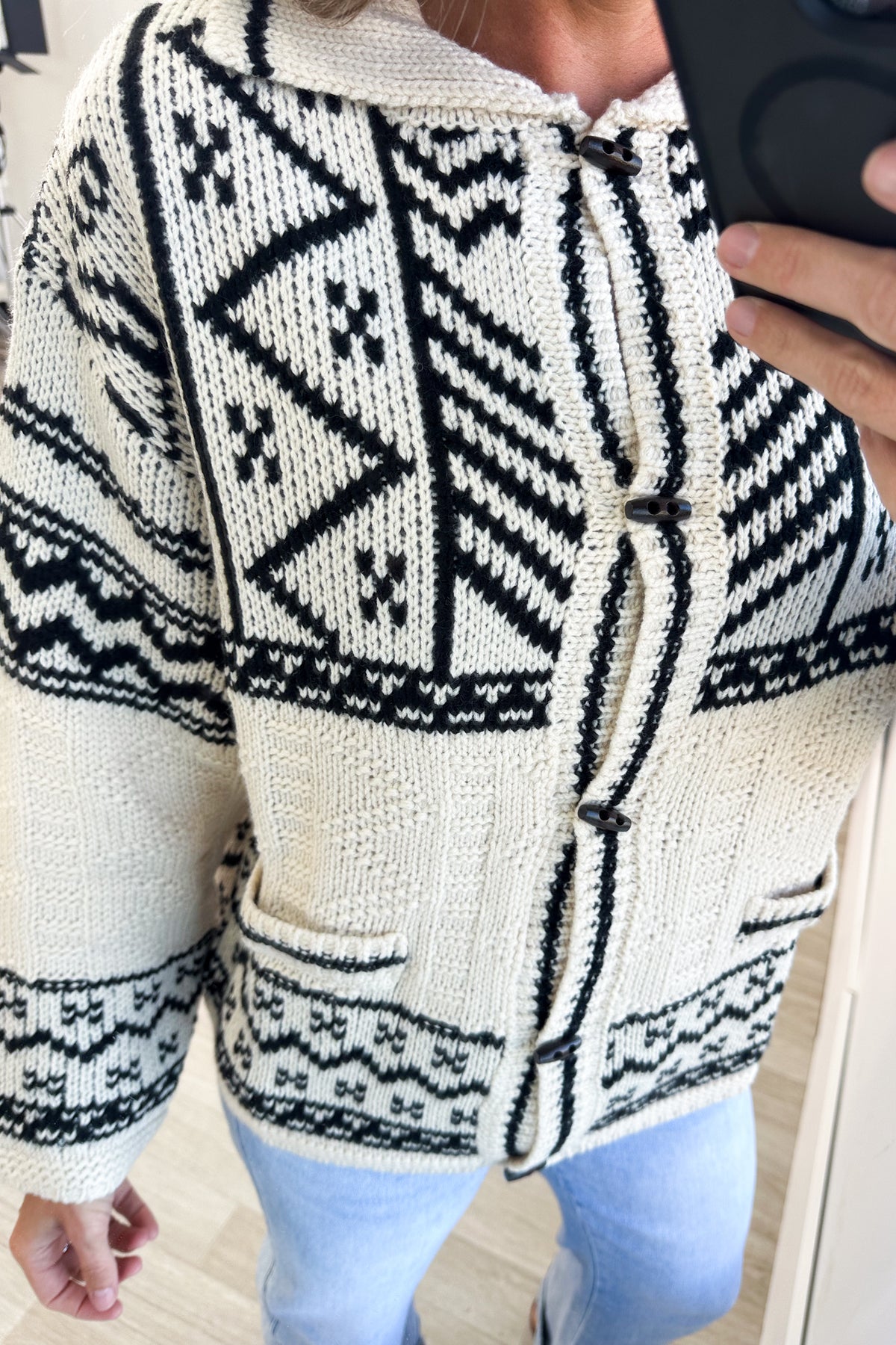 Beige And Black Print Button Up Sweater Cardigan