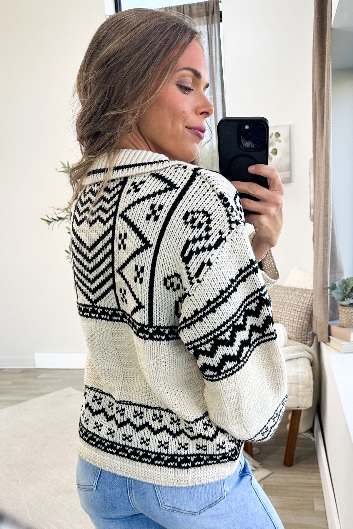 Beige And Black Print Button Up Sweater Cardigan
