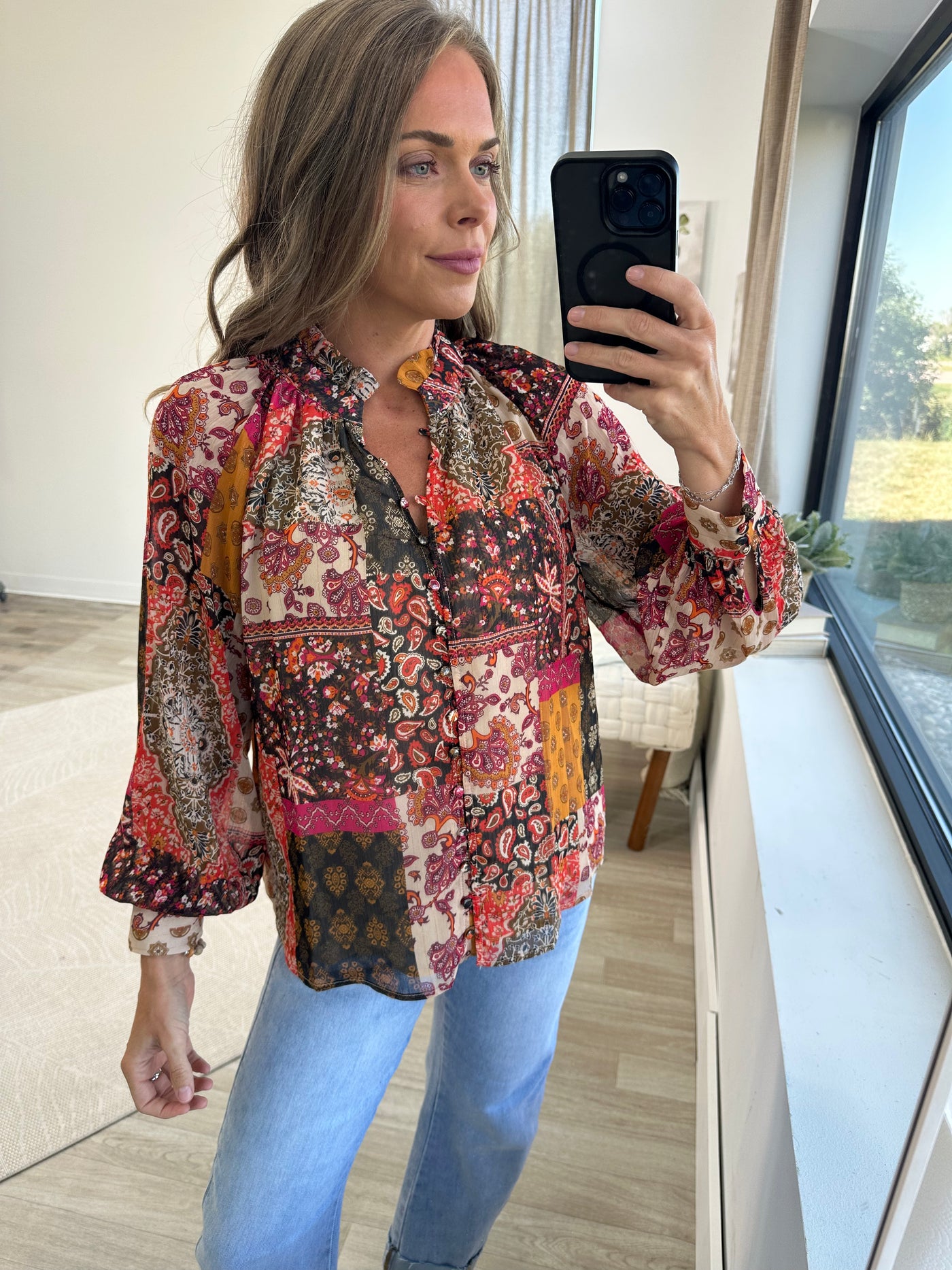 V-Neck Multi Printed Button Up Woven Top