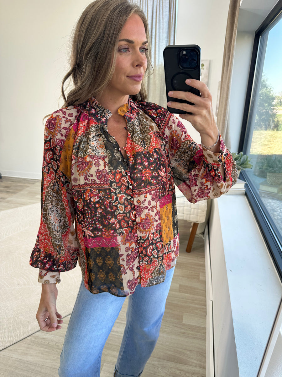 V-Neck Multi Printed Button Up Woven Top