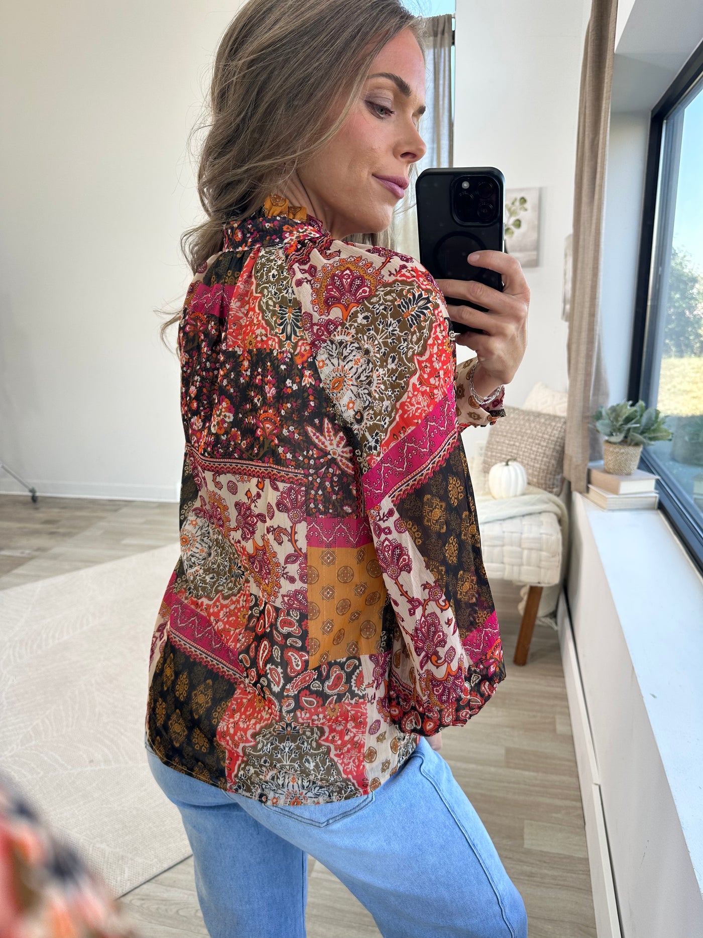 V-Neck Multi Printed Button Up Woven Top