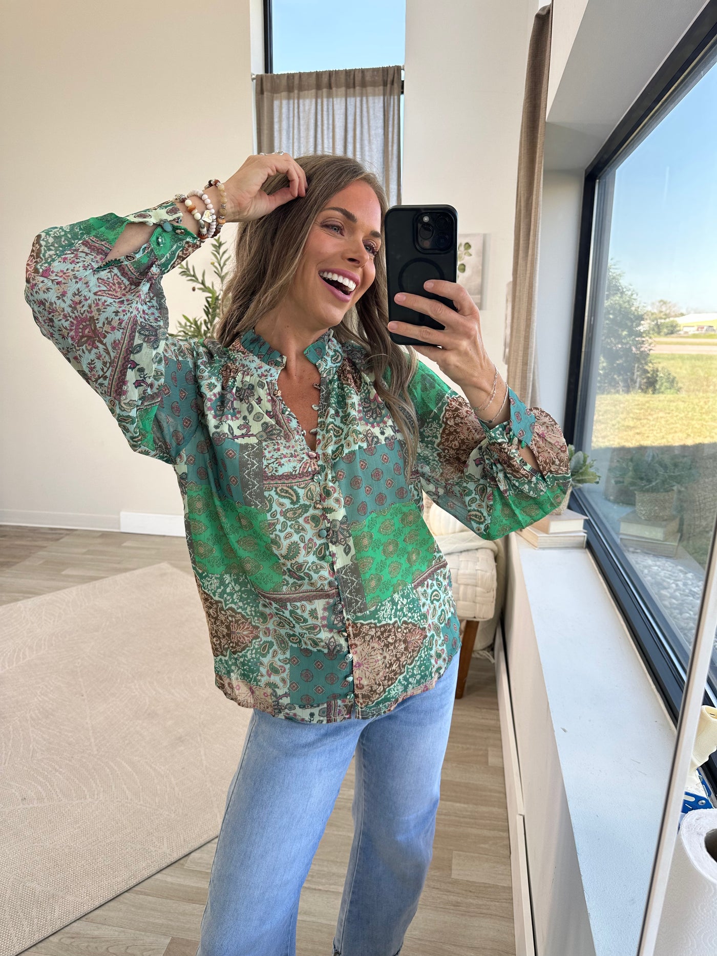 V-Neck Multi Printed Button Up Woven Top