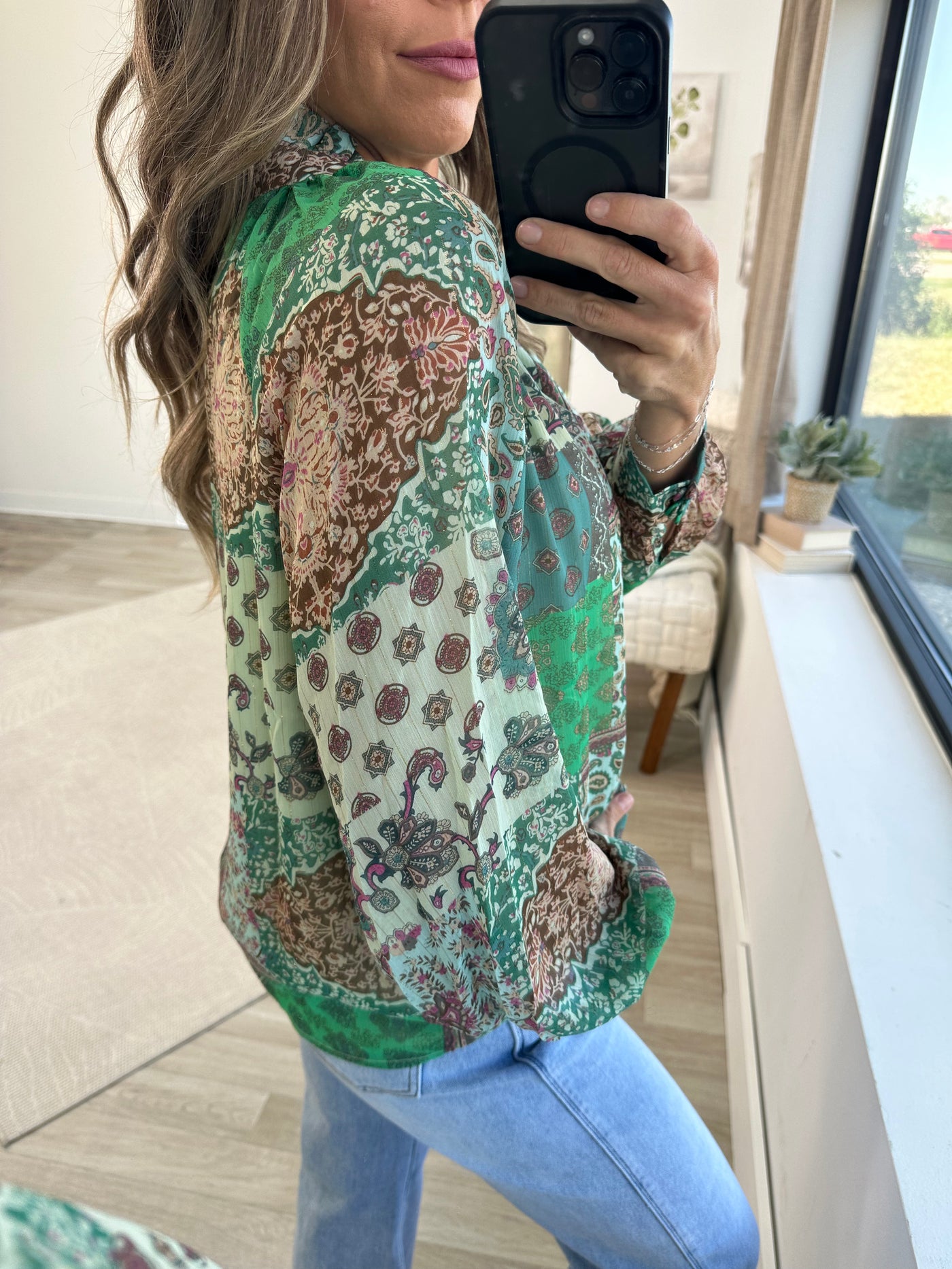 V-Neck Multi Printed Button Up Woven Top