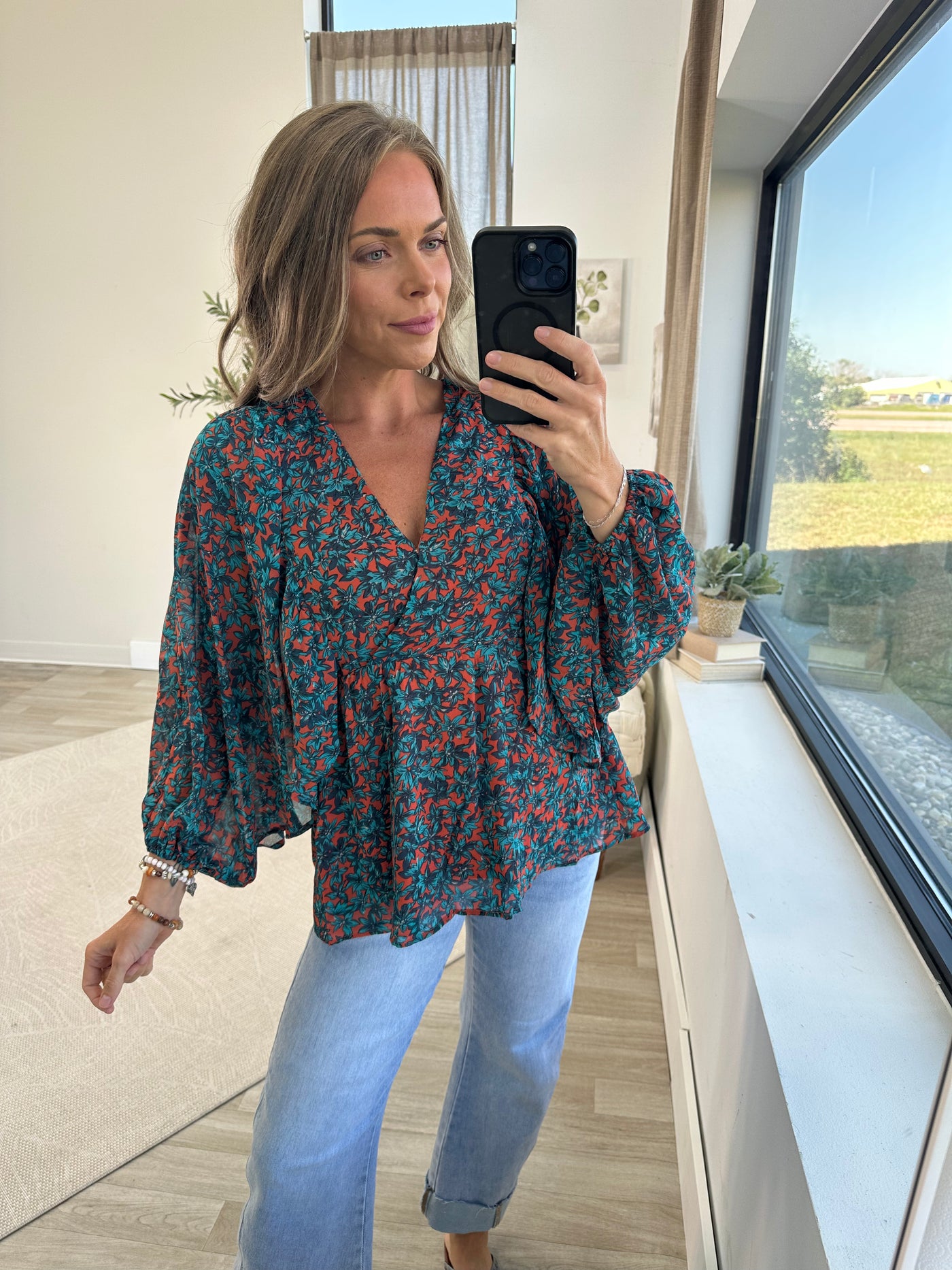 Rust And Teal Floral Surplice Peplum Top
