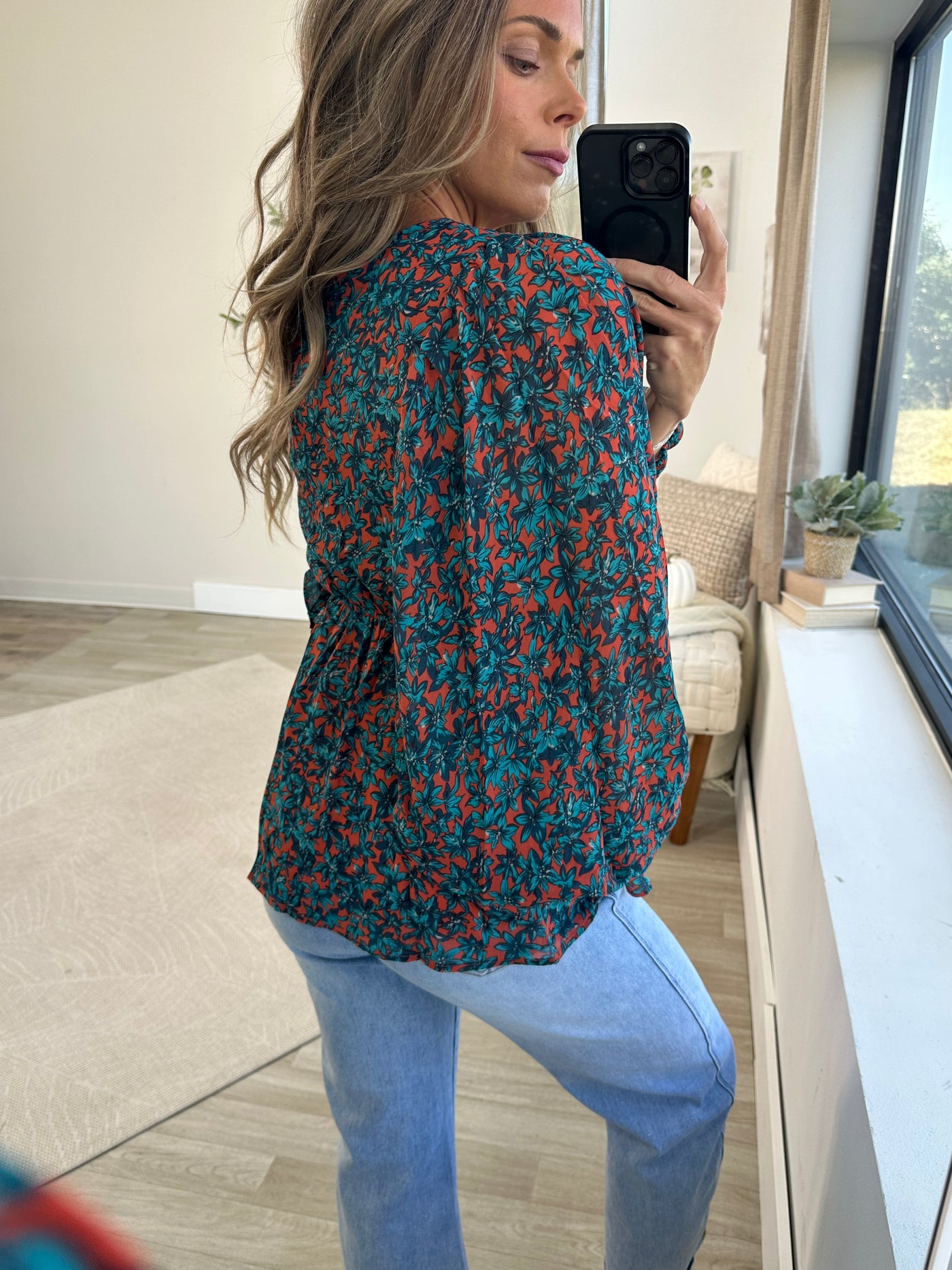 Rust And Teal Floral Surplice Peplum Top