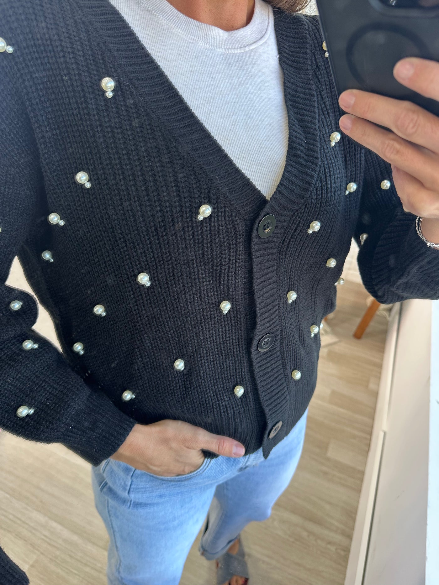 Black Button Cardigan With Pearl Detail