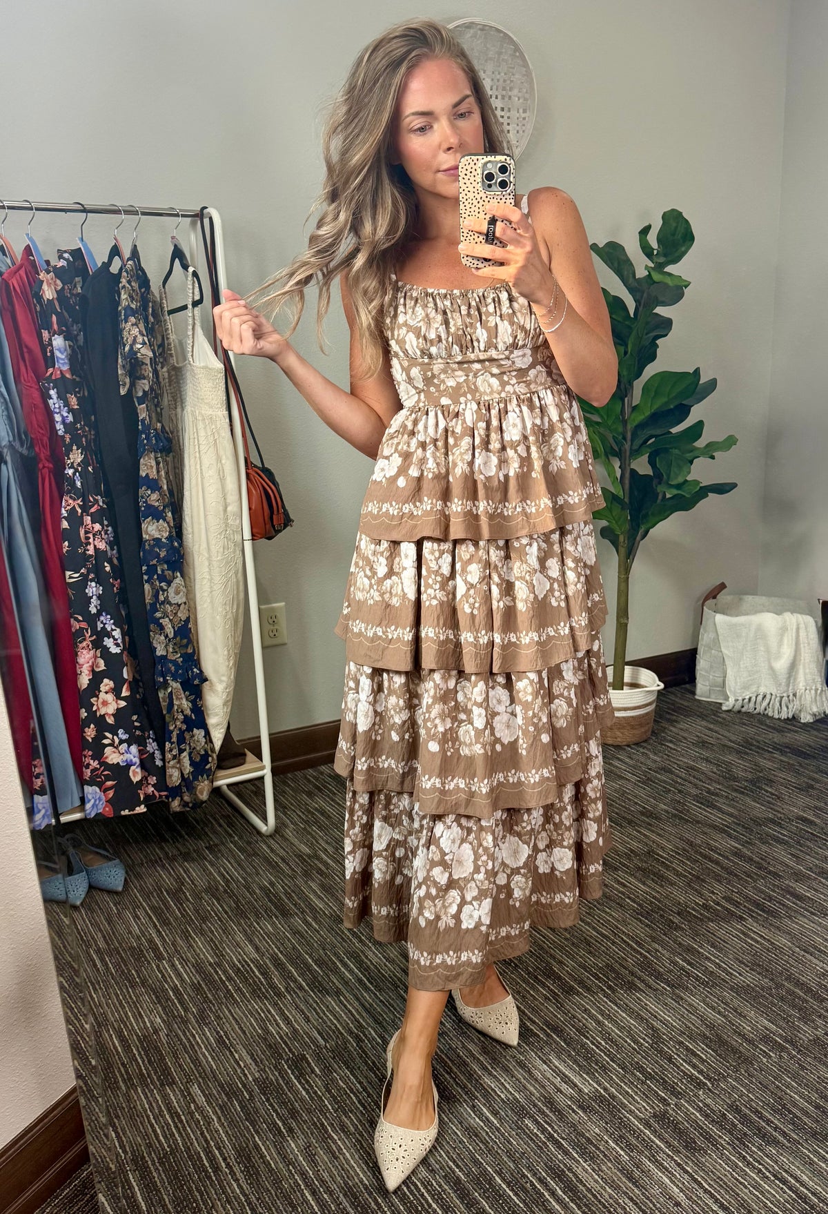 Mocha Floral Tiered Midi Dress With Adjustable Straps