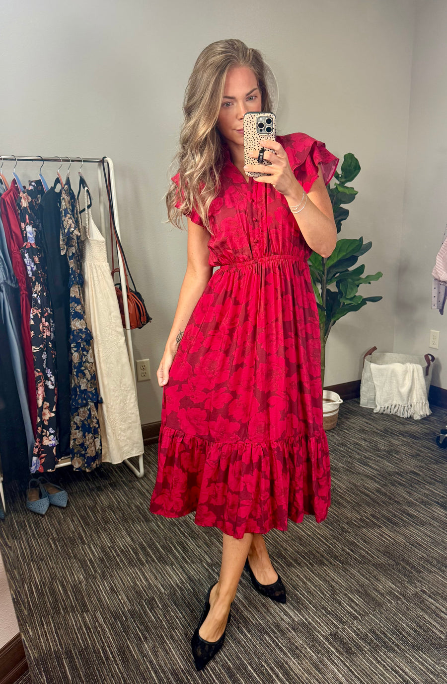 Red Floral Flutter Sleeve Tiered Midi Dress