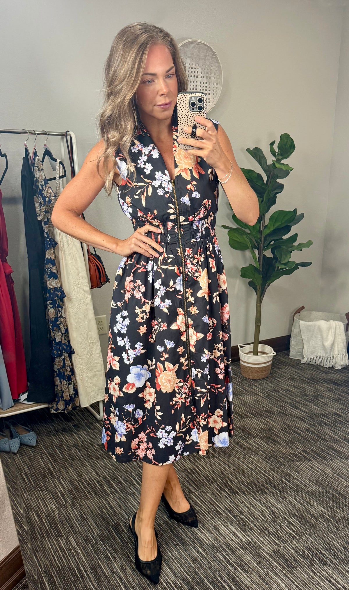 Black Smocked Waist Floral Midi Dress With Front Zip