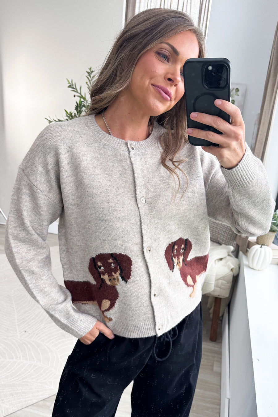 Staccato Oatmeal Weenie Dogs Button Up Cardigan