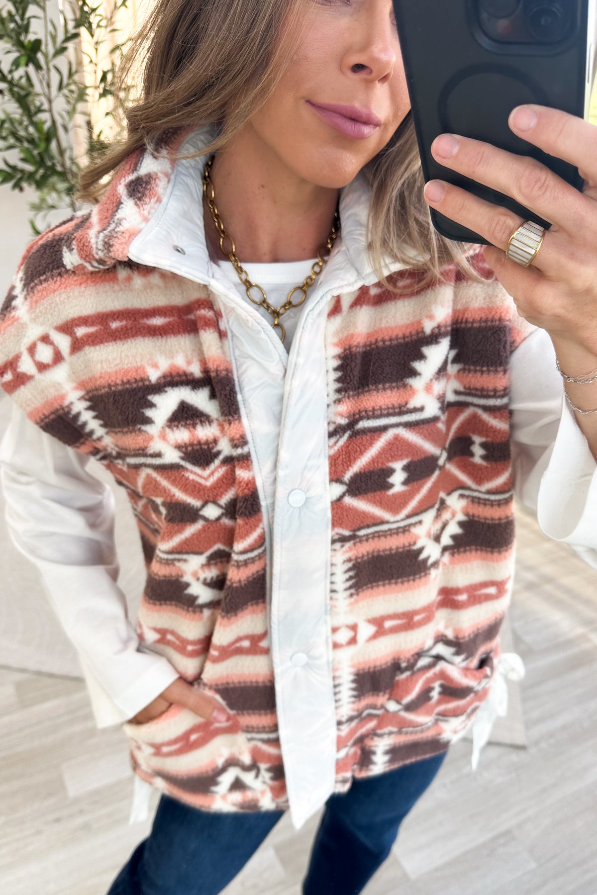 Brown And Salmon Aztec Print Sherpa Button Vest