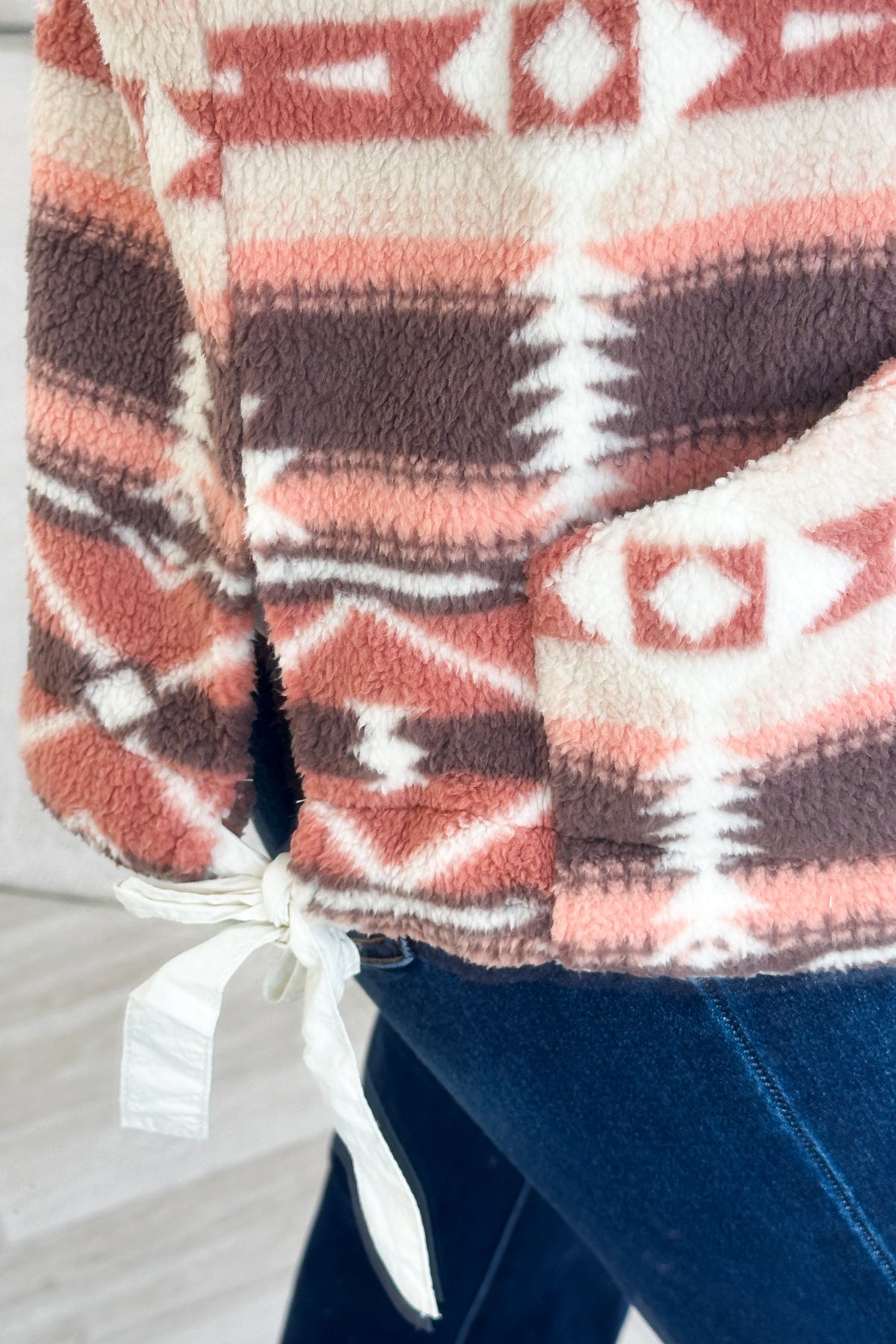 Brown And Salmon Aztec Print Sherpa Button Vest