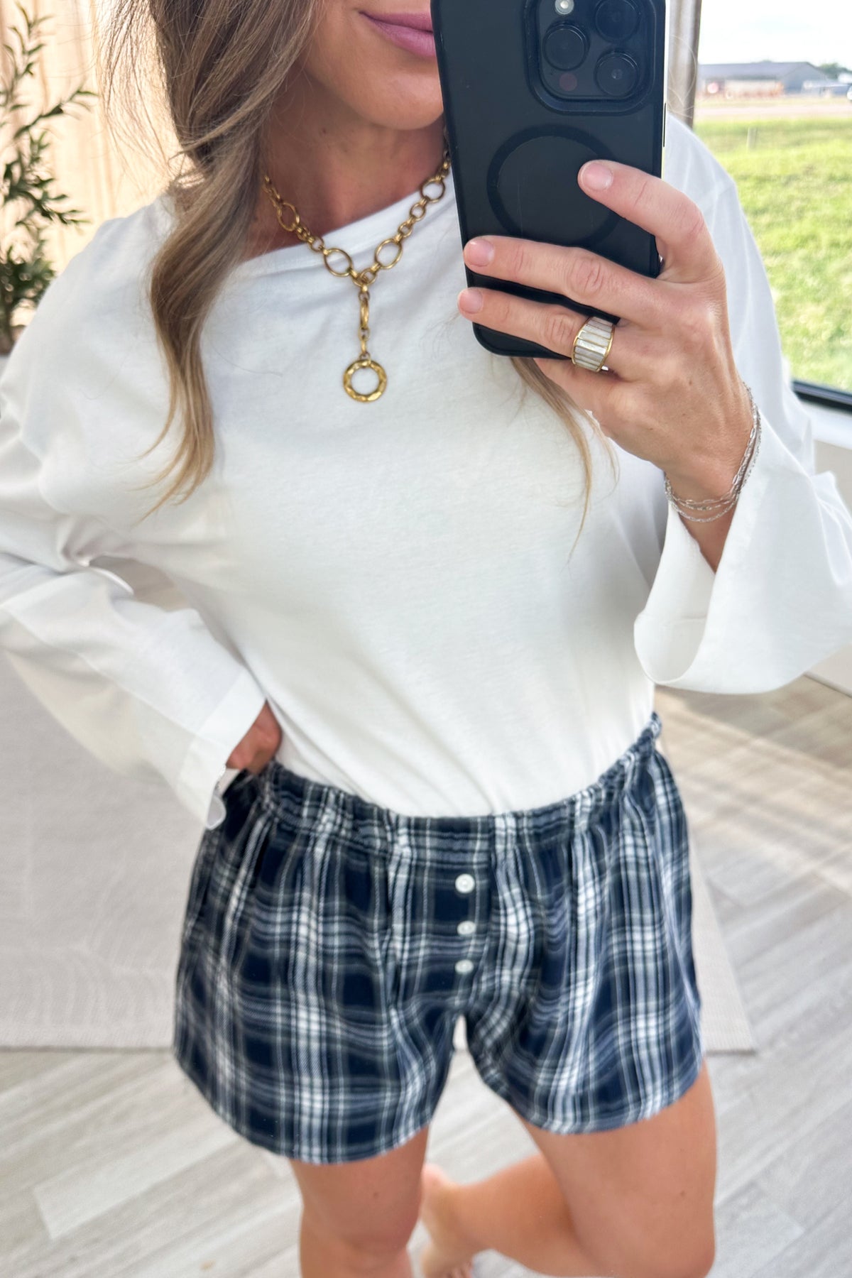 Plaid Knit Shorts With Button Detail