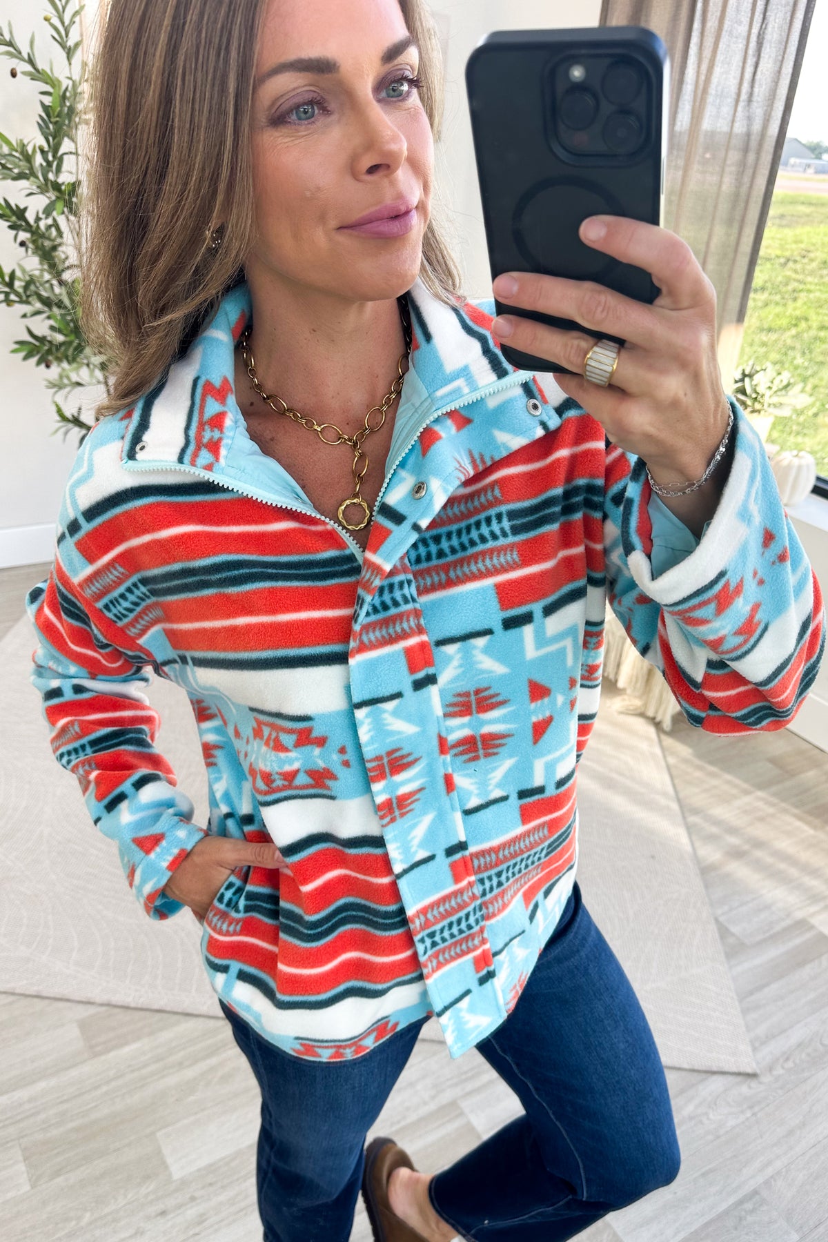 Aqua Aztec Fleece Front Pocket Zip Up Jacket