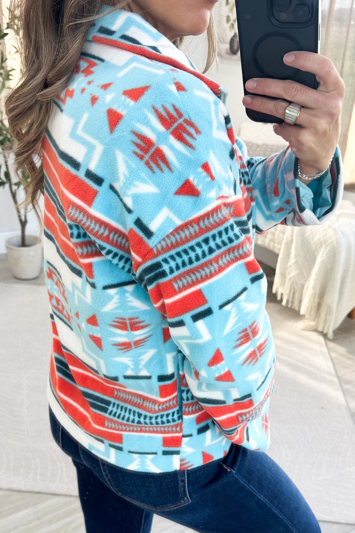 Aqua Aztec Fleece Front Pocket Zip Up Jacket