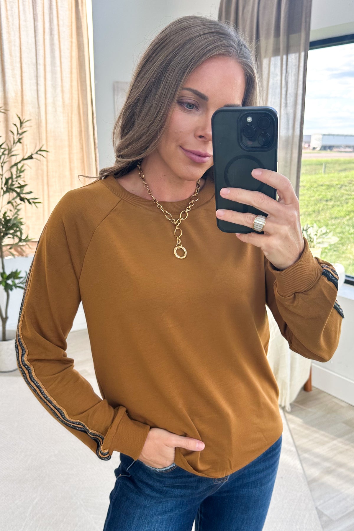Cinnamon Long Sleeve Stripes Detail Knit Top