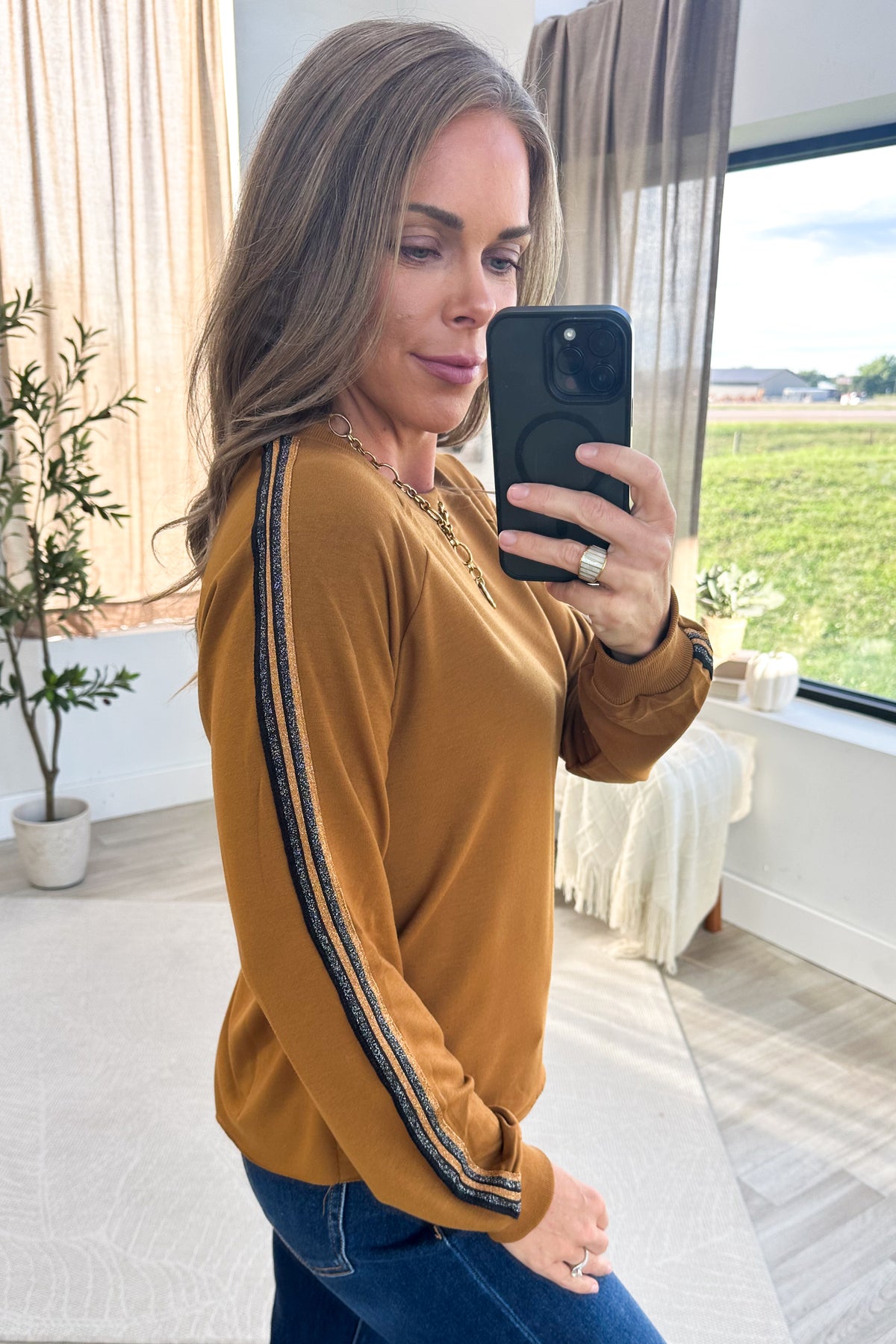 Cinnamon Long Sleeve Stripes Detail Knit Top