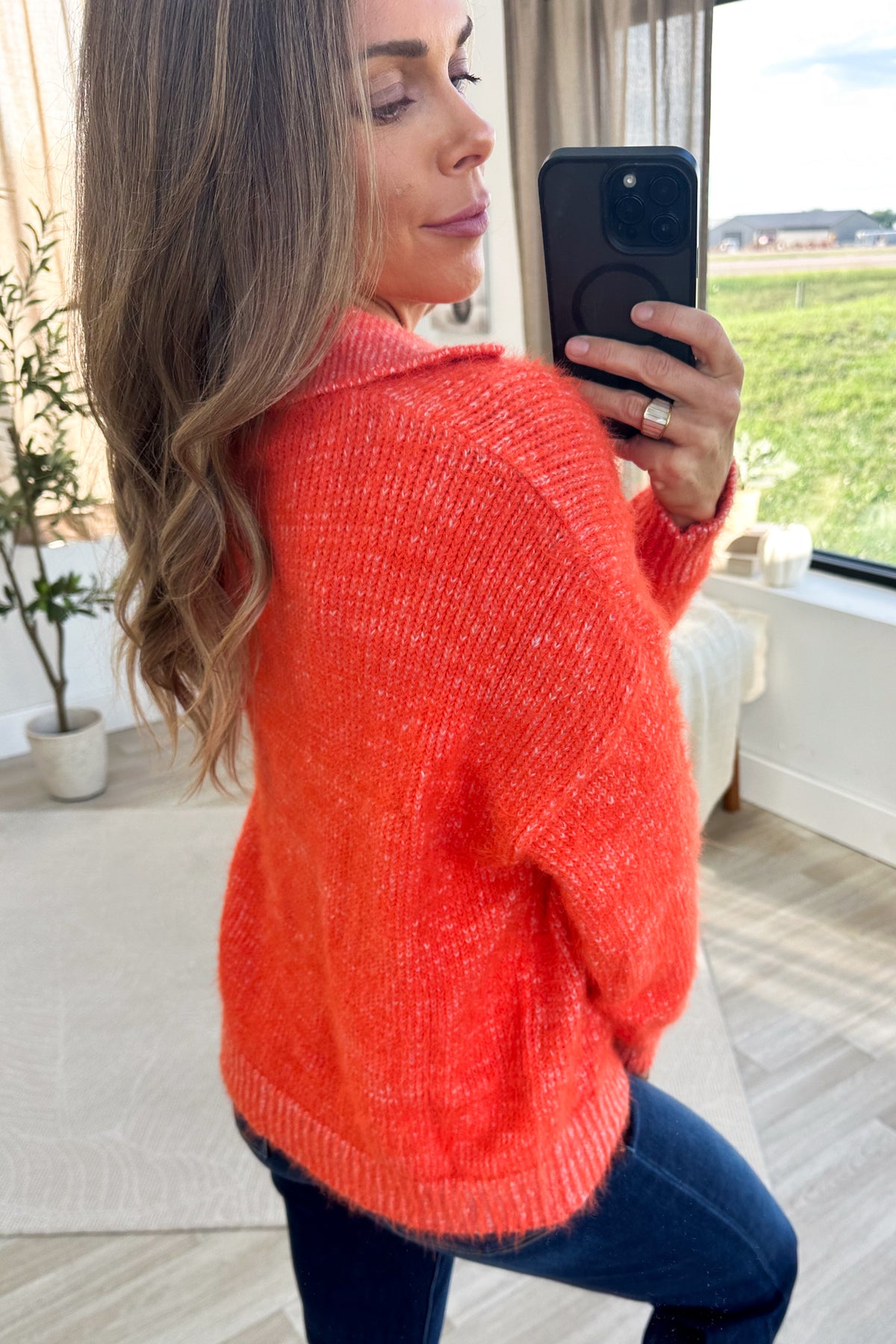 Orange V-Neck Front Pocket Pullover Sweater