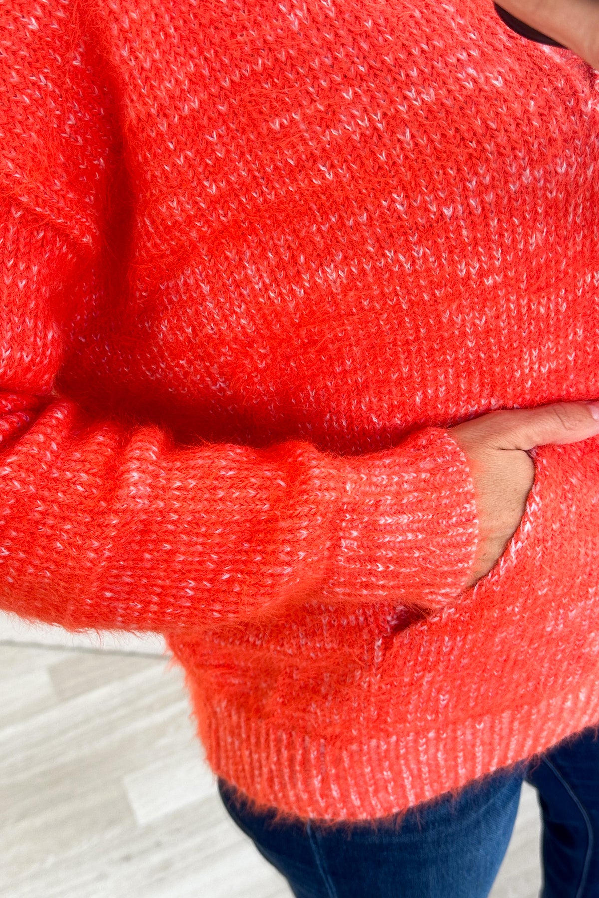 Orange V-Neck Front Pocket Pullover Sweater