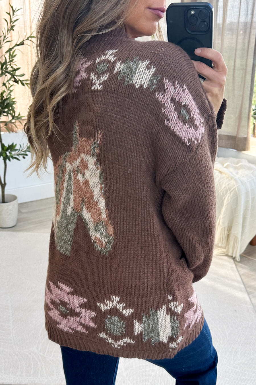Chocolate Brown Western Horse Intarsia Knit Button Cardigan