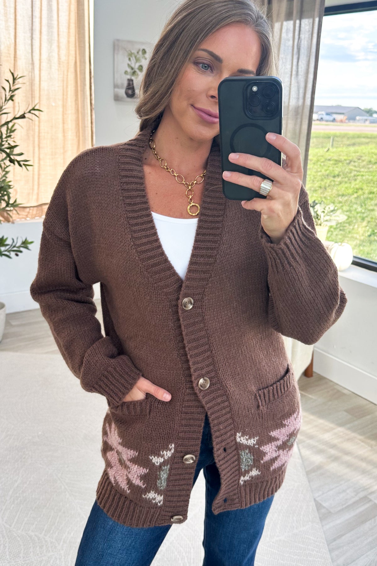 Chocolate Brown Western Horse Intarsia Knit Button Cardigan