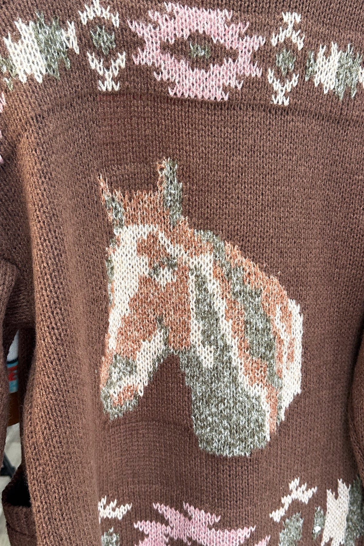 Chocolate Brown Western Horse Intarsia Knit Button Cardigan