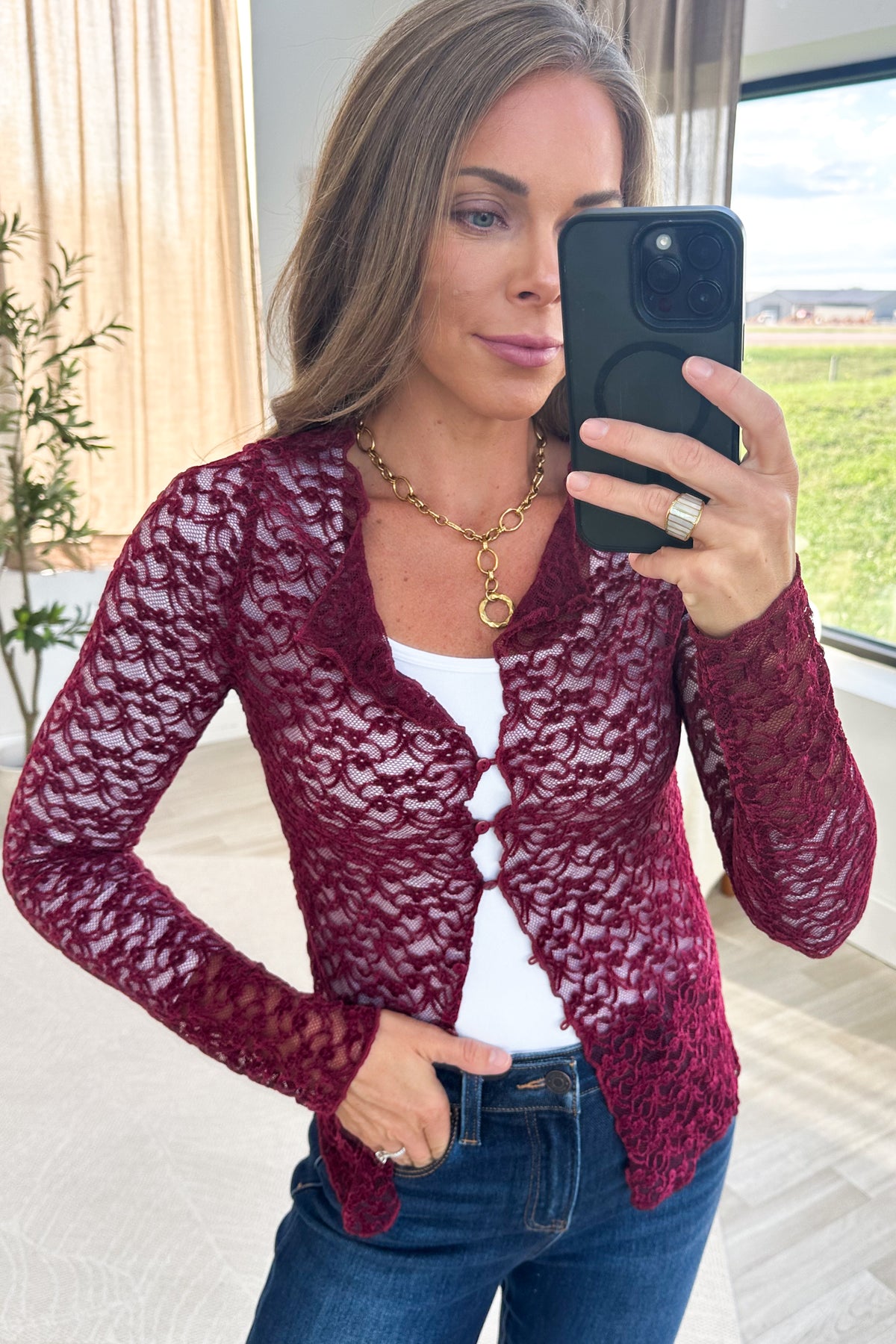 Burgundy Flocked Lace Long Sleeve Knit Top