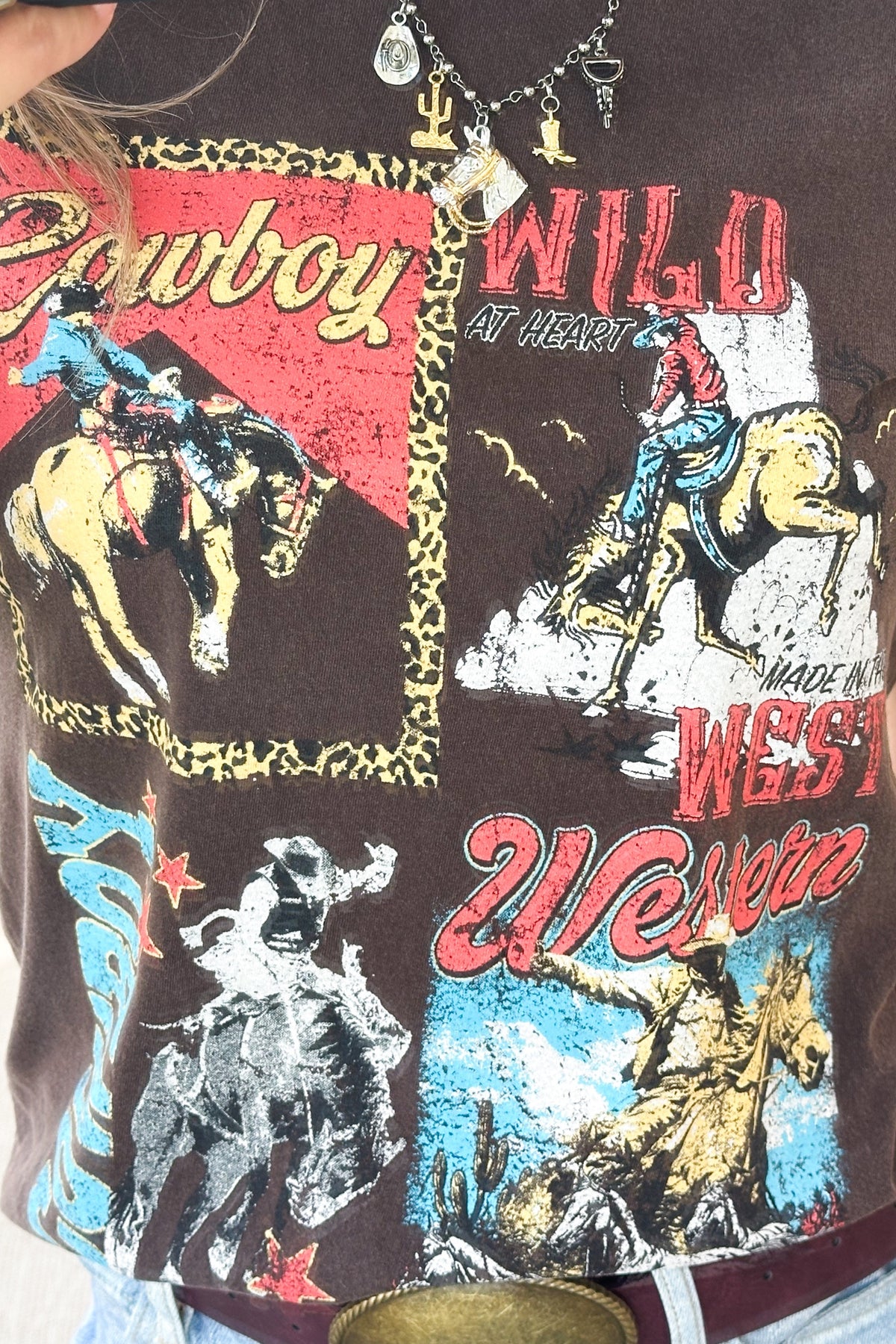 Brown Washed Cowboy Collage Graphic Knit Tee