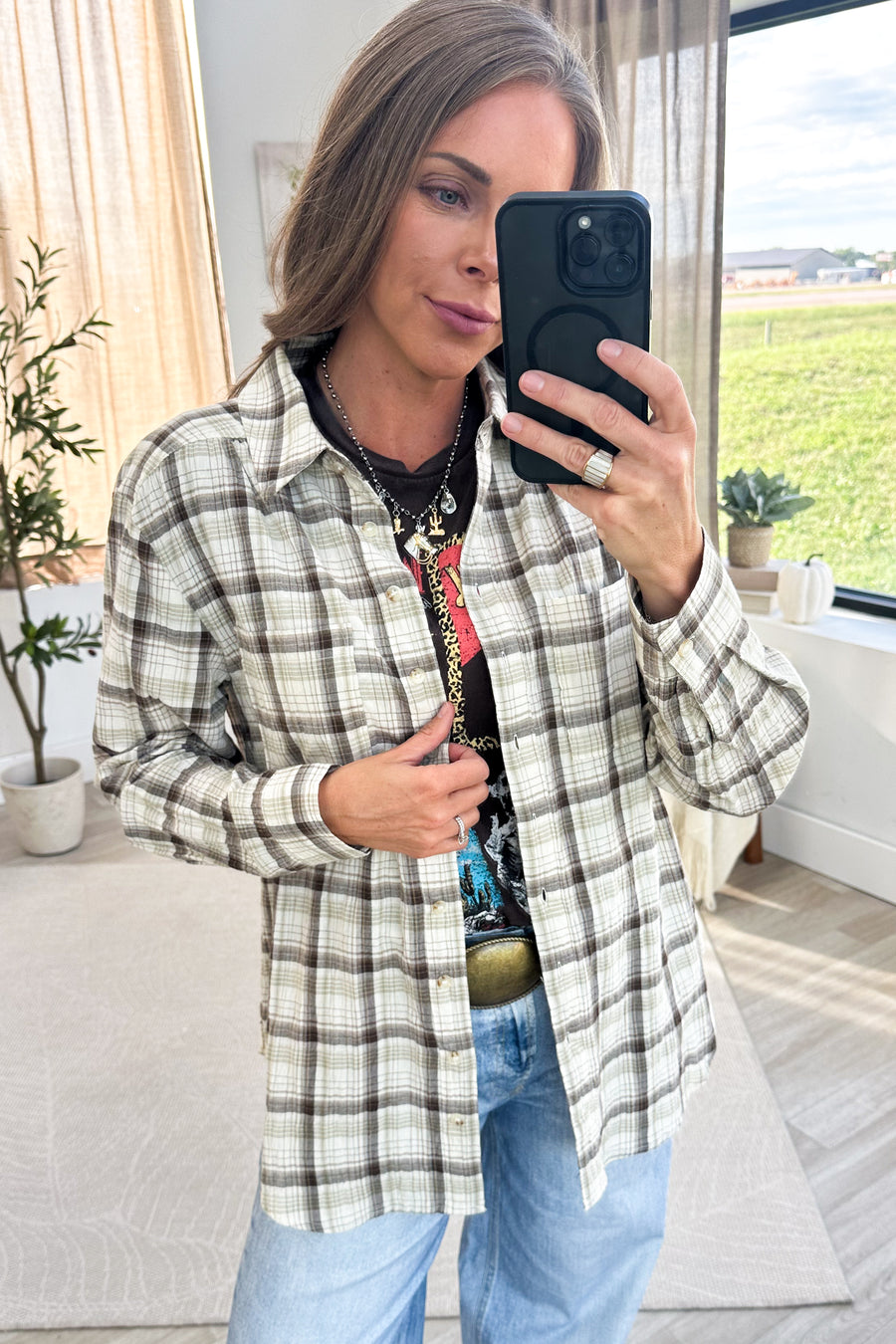 Ivory And Mocha Classic Plaid Button Down Top